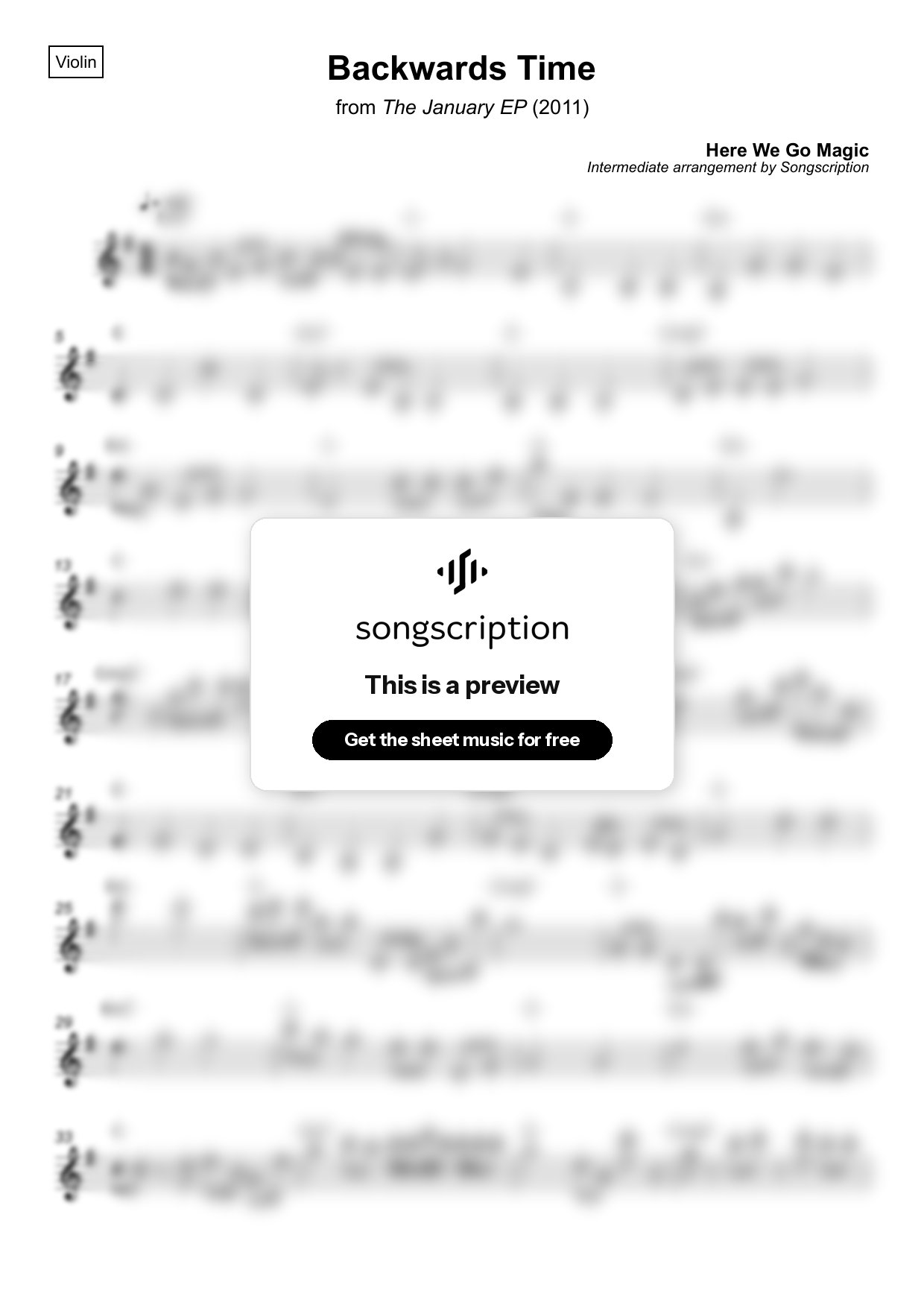 Intermediate Violin Sheet Music for "Backwards Time" by Here We Go Magic