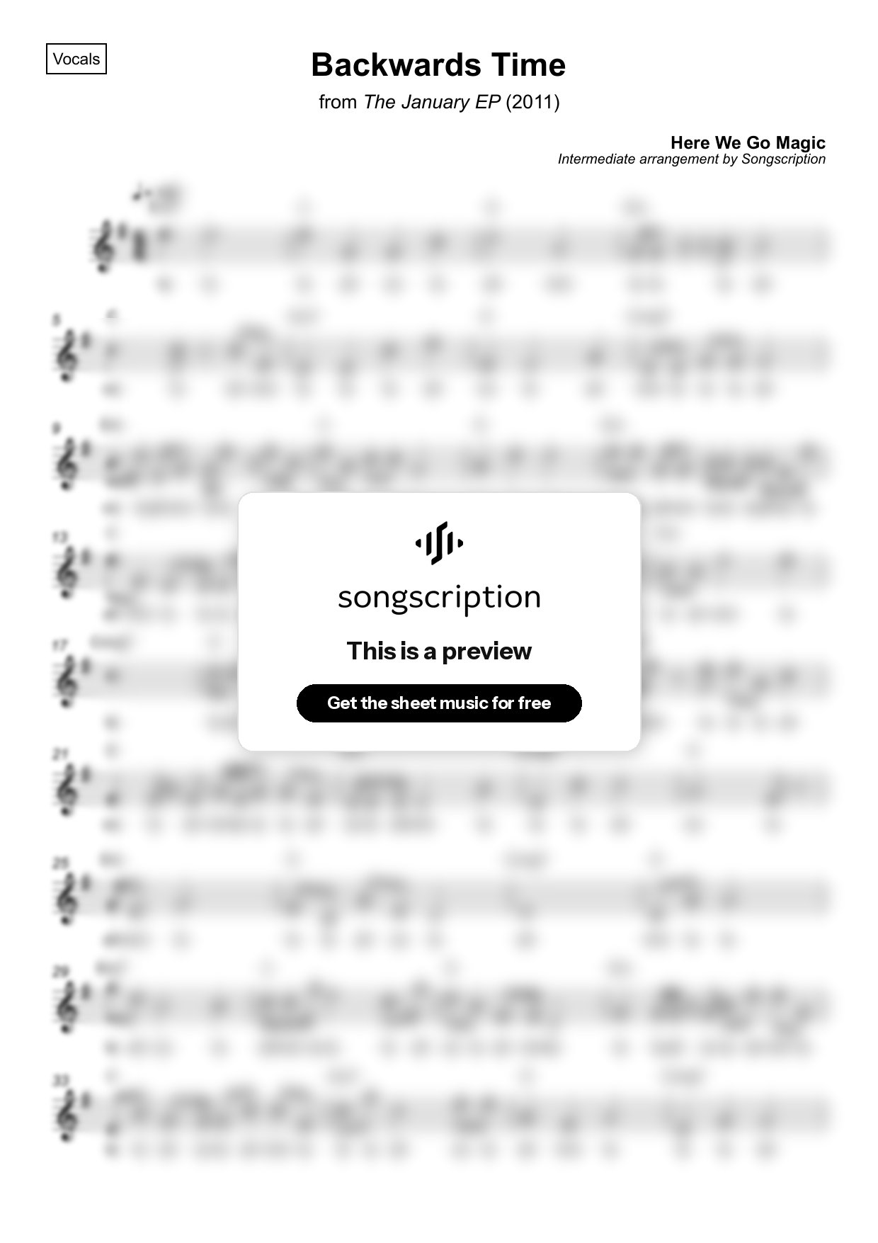 Intermediate Vocals Sheet Music for "Backwards Time" by Here We Go Magic
