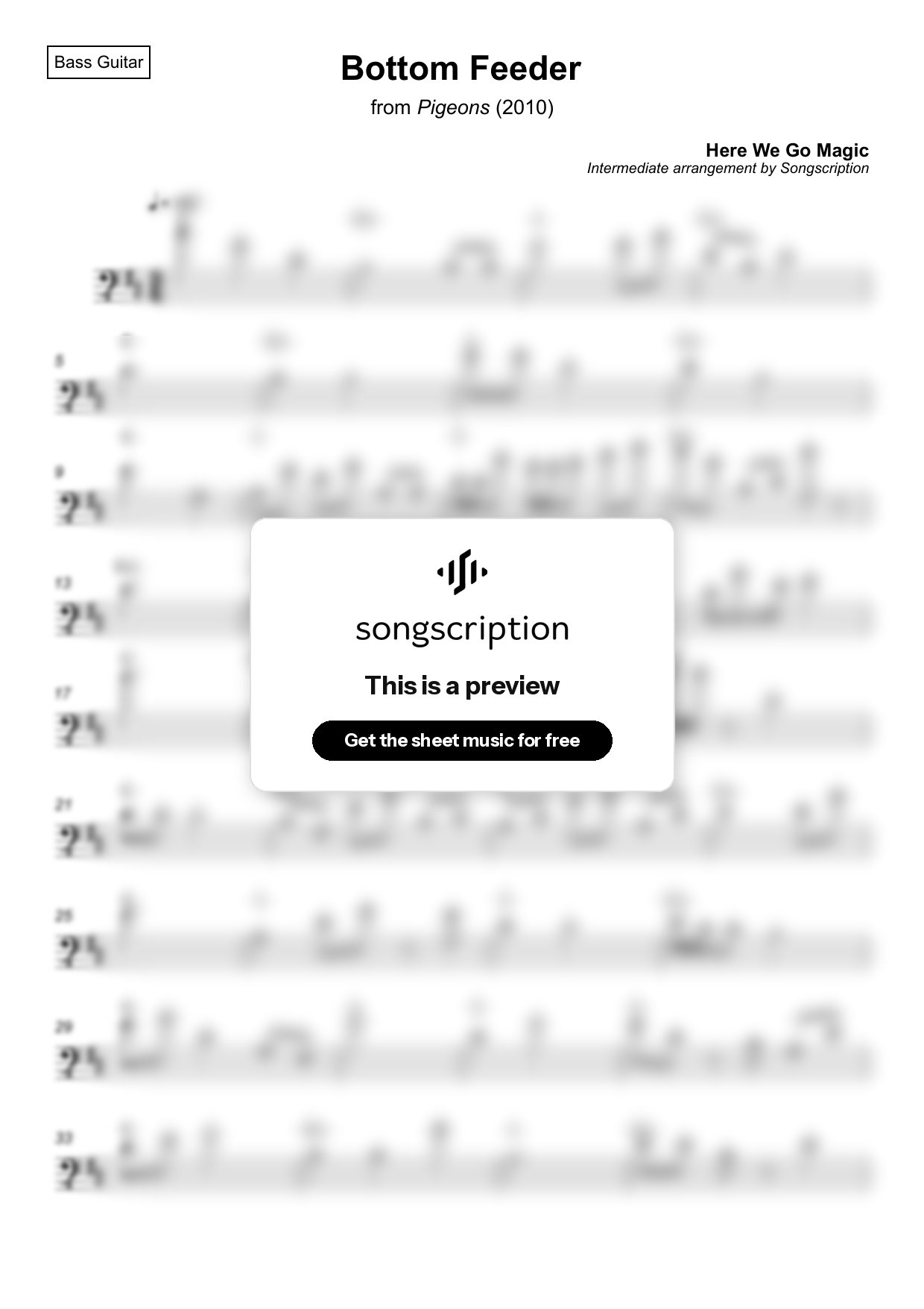 Intermediate Bass Guitar Sheet Music for "Bottom Feeder" by Here We Go Magic