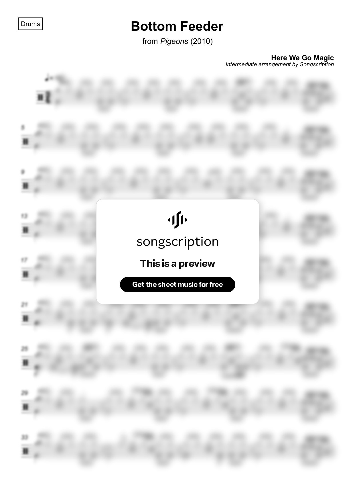 Intermediate Drums Sheet Music for "Bottom Feeder" by Here We Go Magic