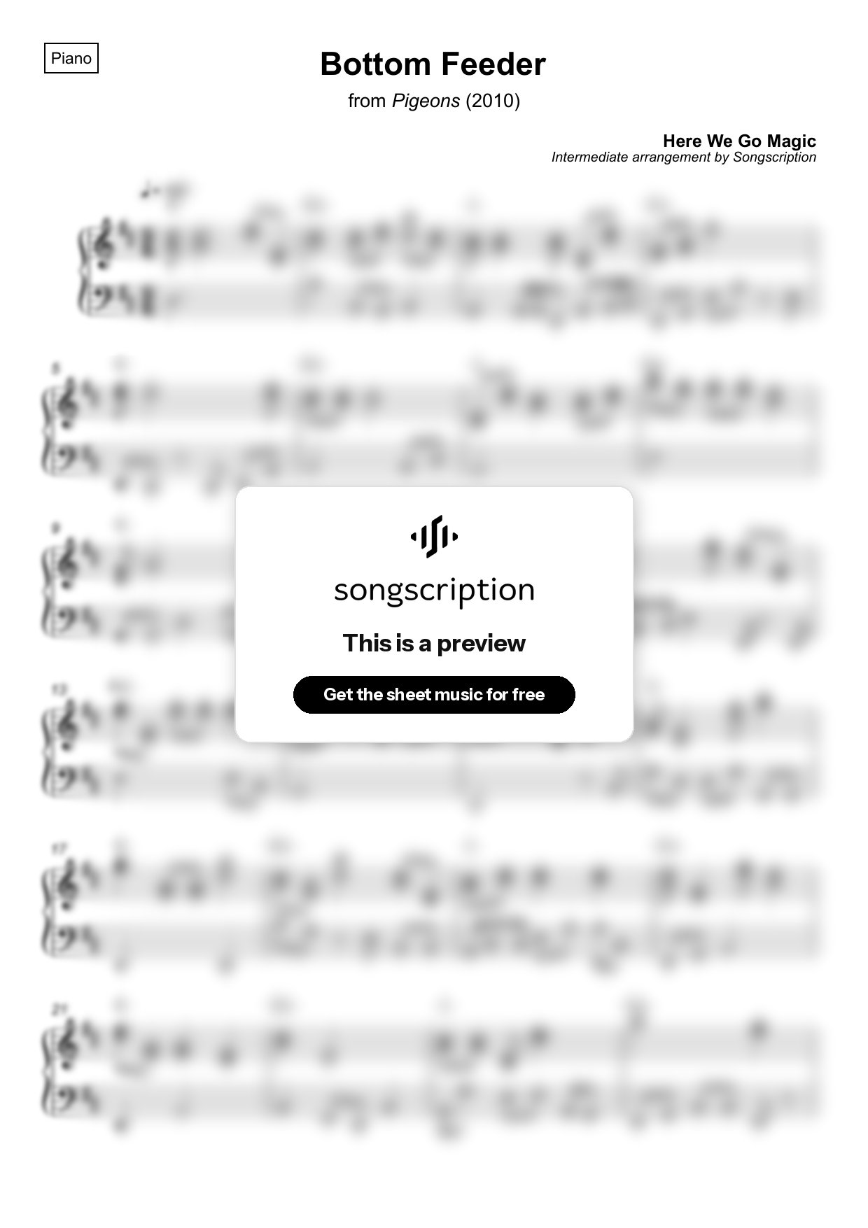 Intermediate Piano Sheet Music for "Bottom Feeder" by Here We Go Magic