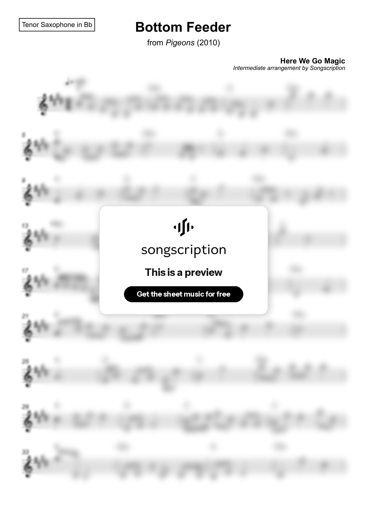 Intermediate Tenor Sax Sheet Music for "Bottom Feeder" by Here We Go Magic