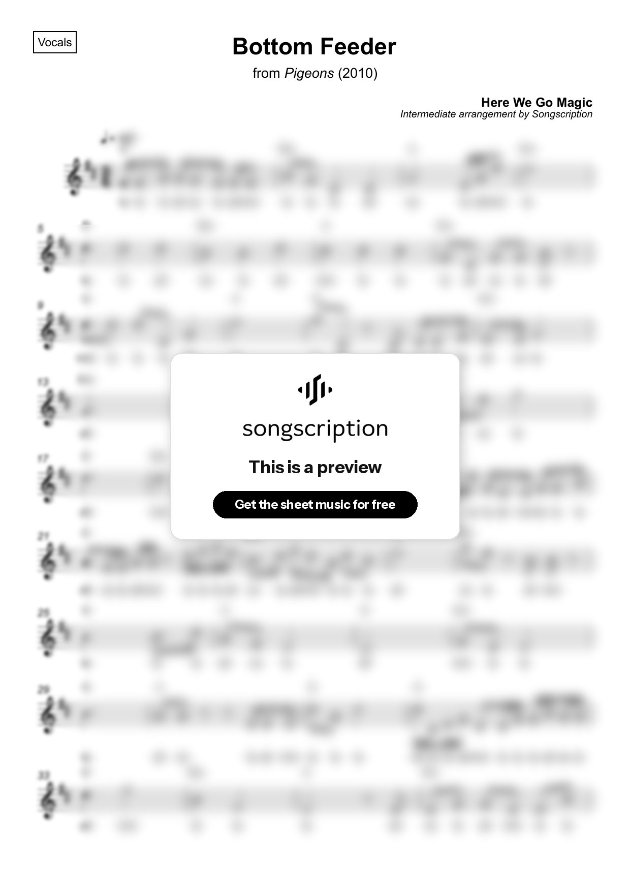 Intermediate Vocals Sheet Music for "Bottom Feeder" by Here We Go Magic