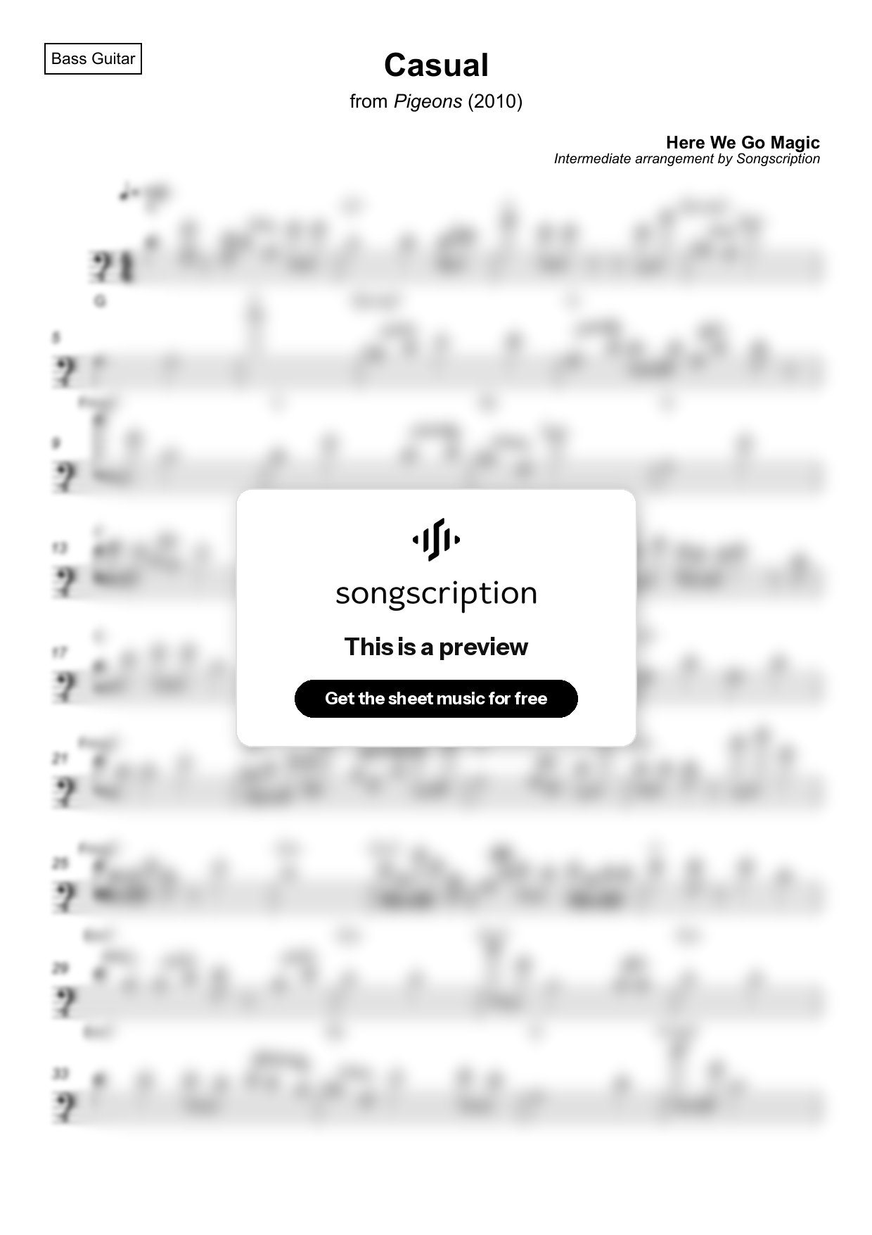 Intermediate Bass Guitar Sheet Music for "Casual" by Here We Go Magic