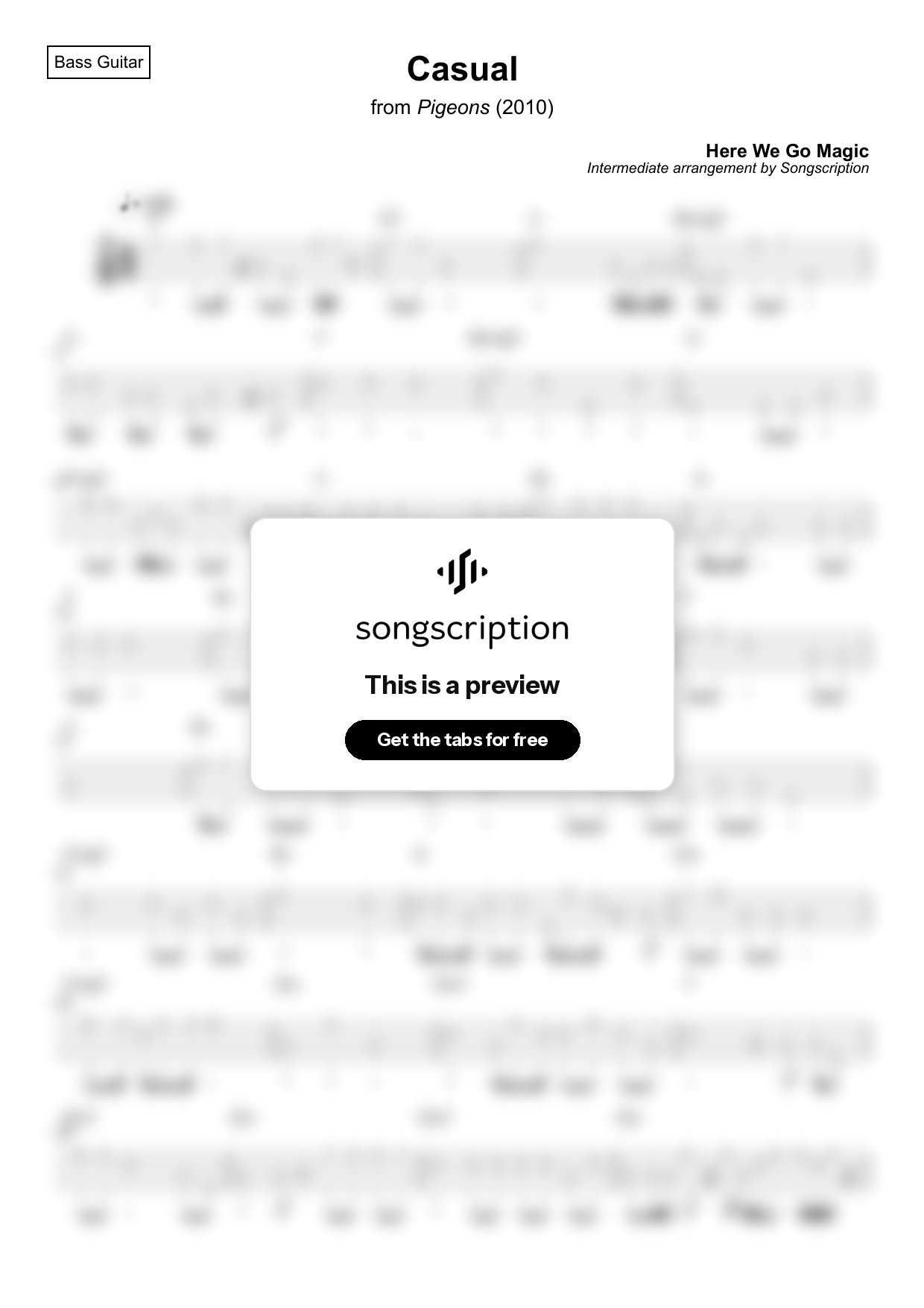 Intermediate Bass Guitar Tabs for "Casual" by Here We Go Magic