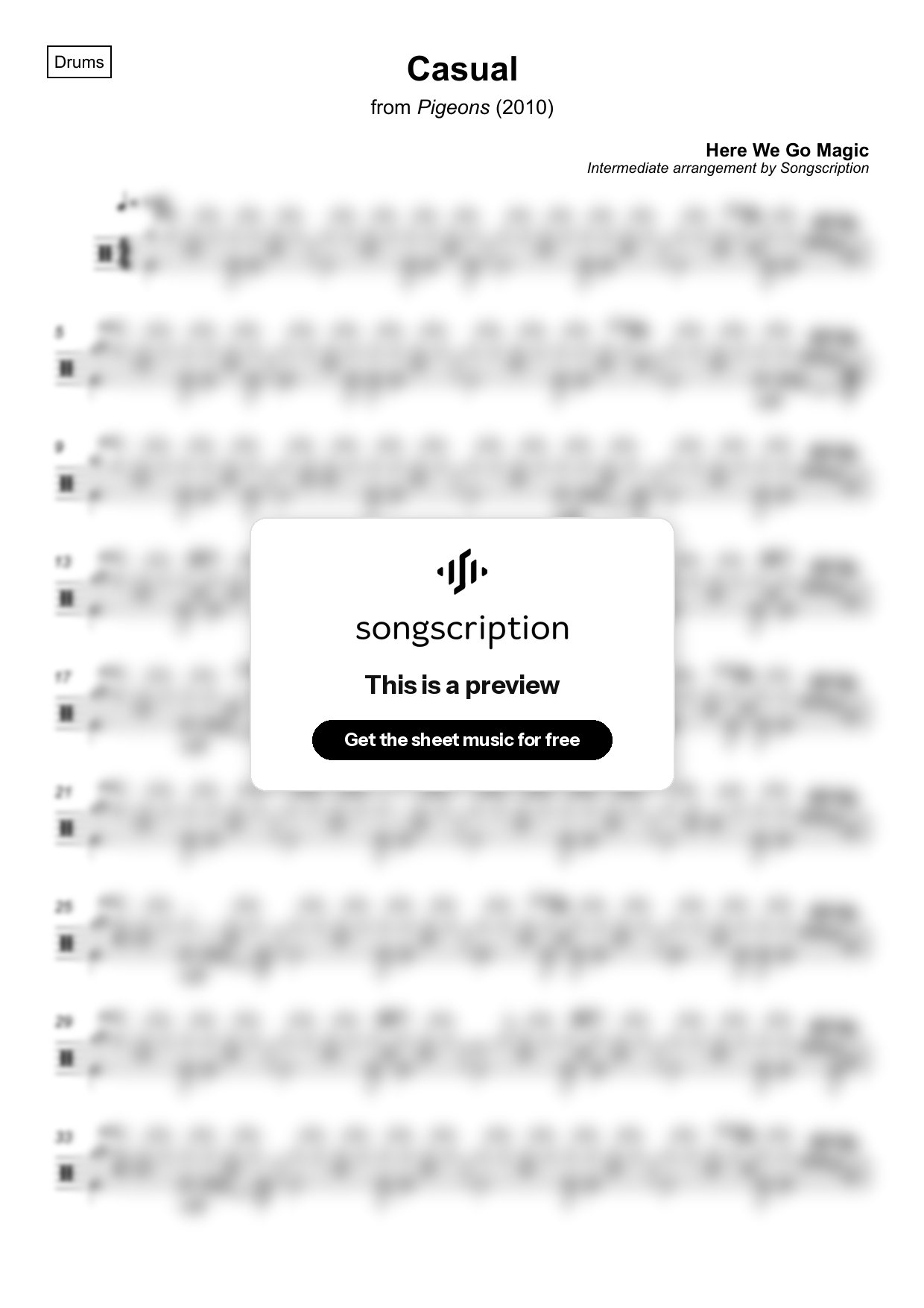 Intermediate Drums Sheet Music for "Casual" by Here We Go Magic