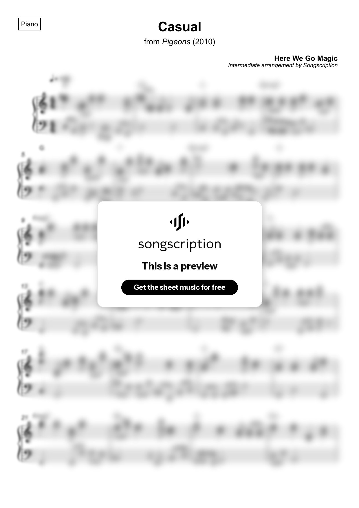 Intermediate Piano Sheet Music for "Casual" by Here We Go Magic