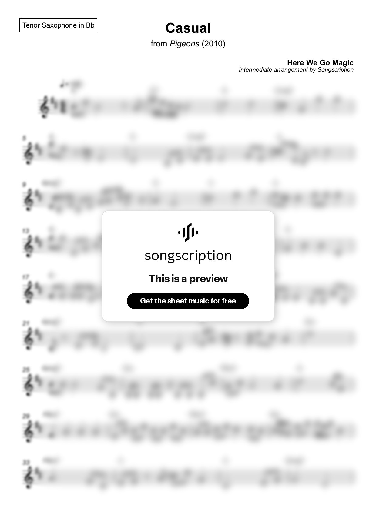 Intermediate Tenor Sax Sheet Music for "Casual" by Here We Go Magic