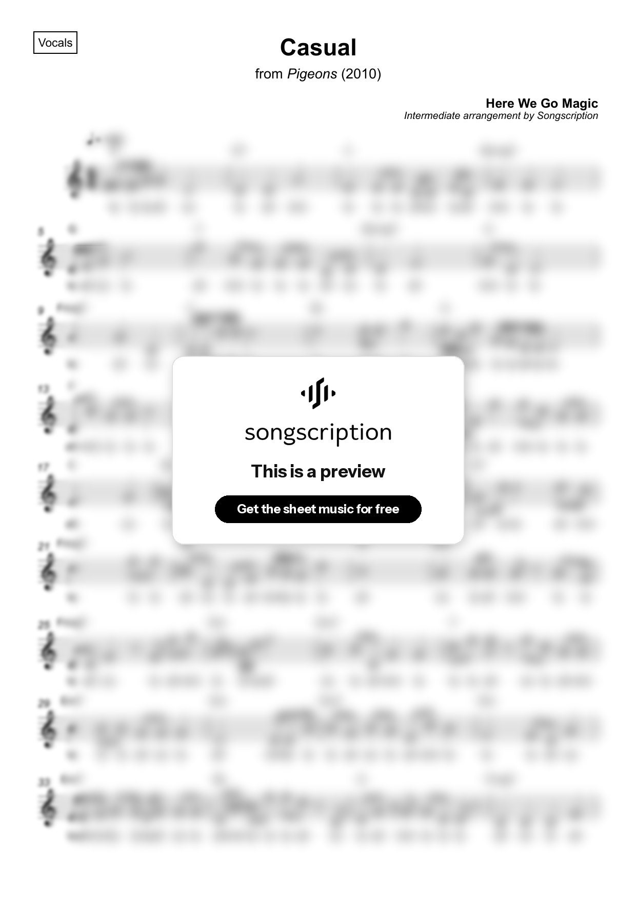 Intermediate Vocals Sheet Music for "Casual" by Here We Go Magic