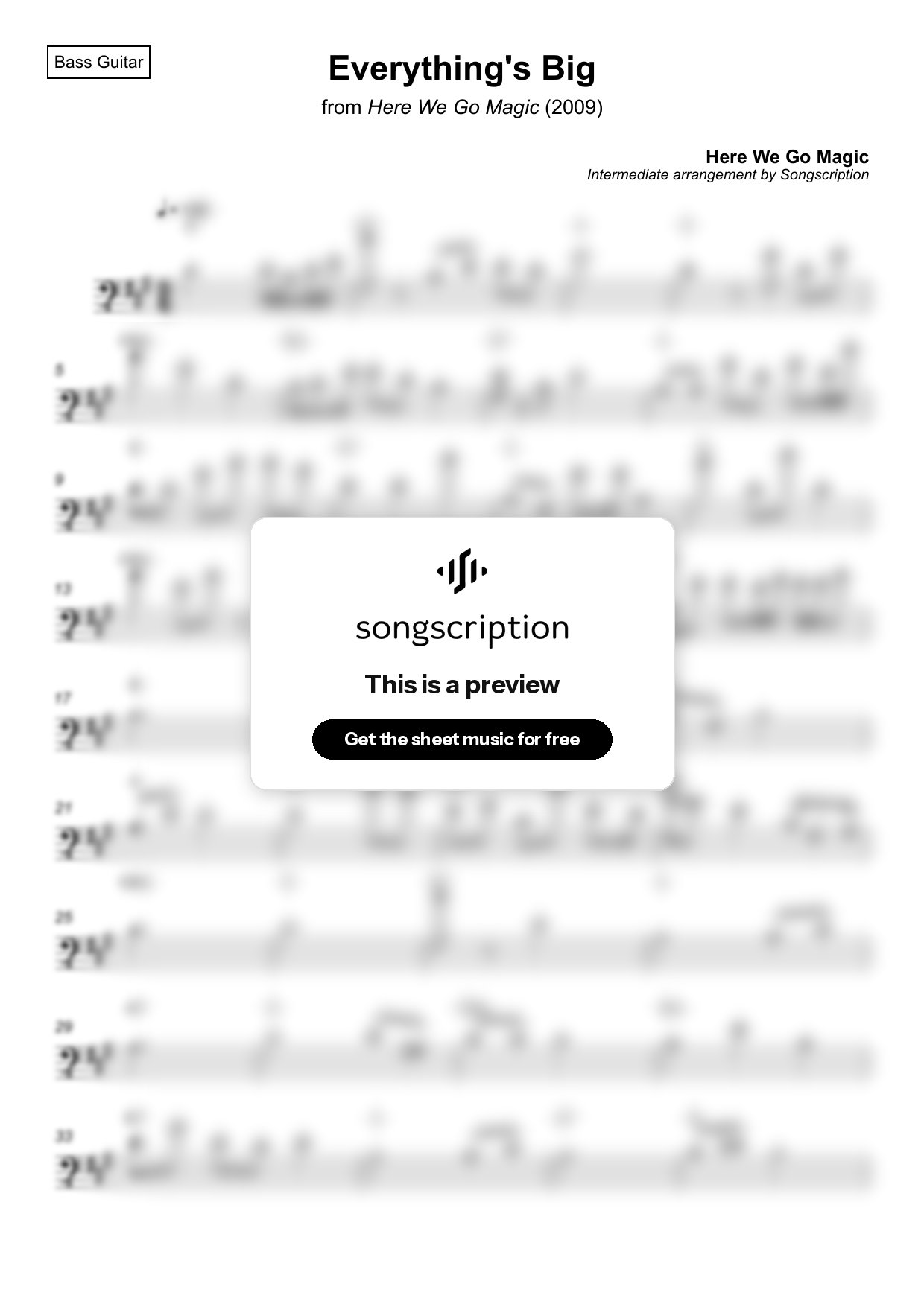 Intermediate Bass Guitar Sheet Music for "Everything's Big" by Here We Go Magic