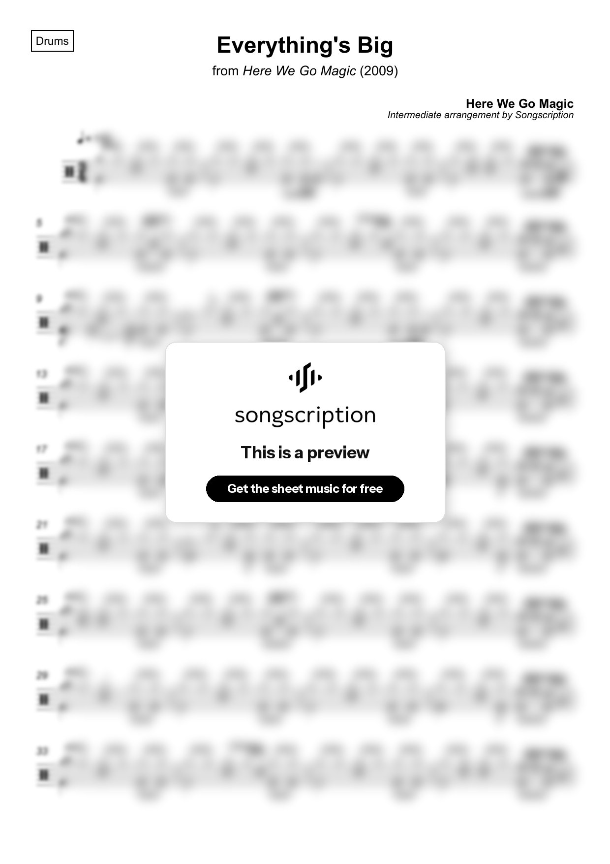 Intermediate Drums Sheet Music for "Everything's Big" by Here We Go Magic
