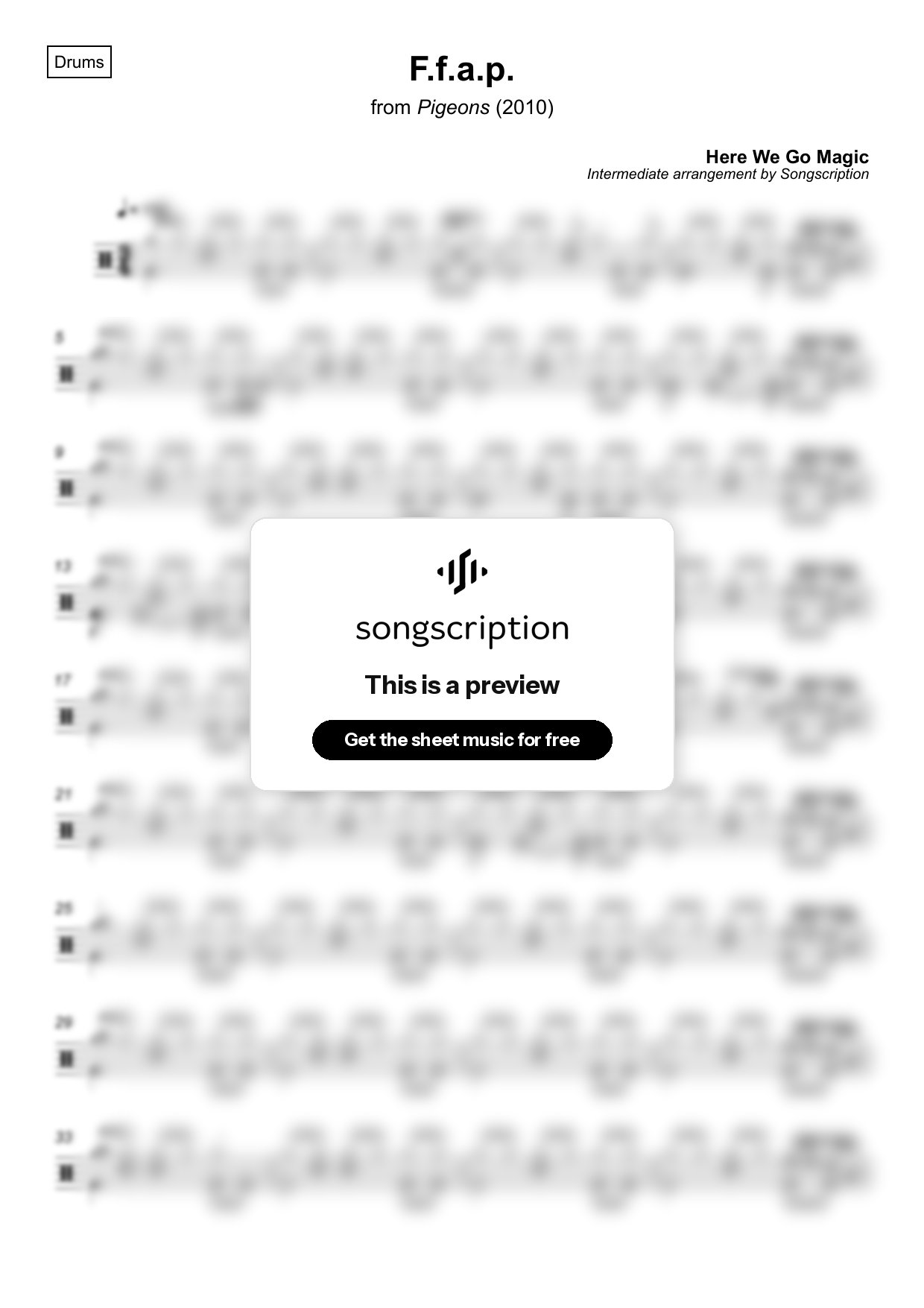 Intermediate Drums Sheet Music for "F.f.a.p." by Here We Go Magic