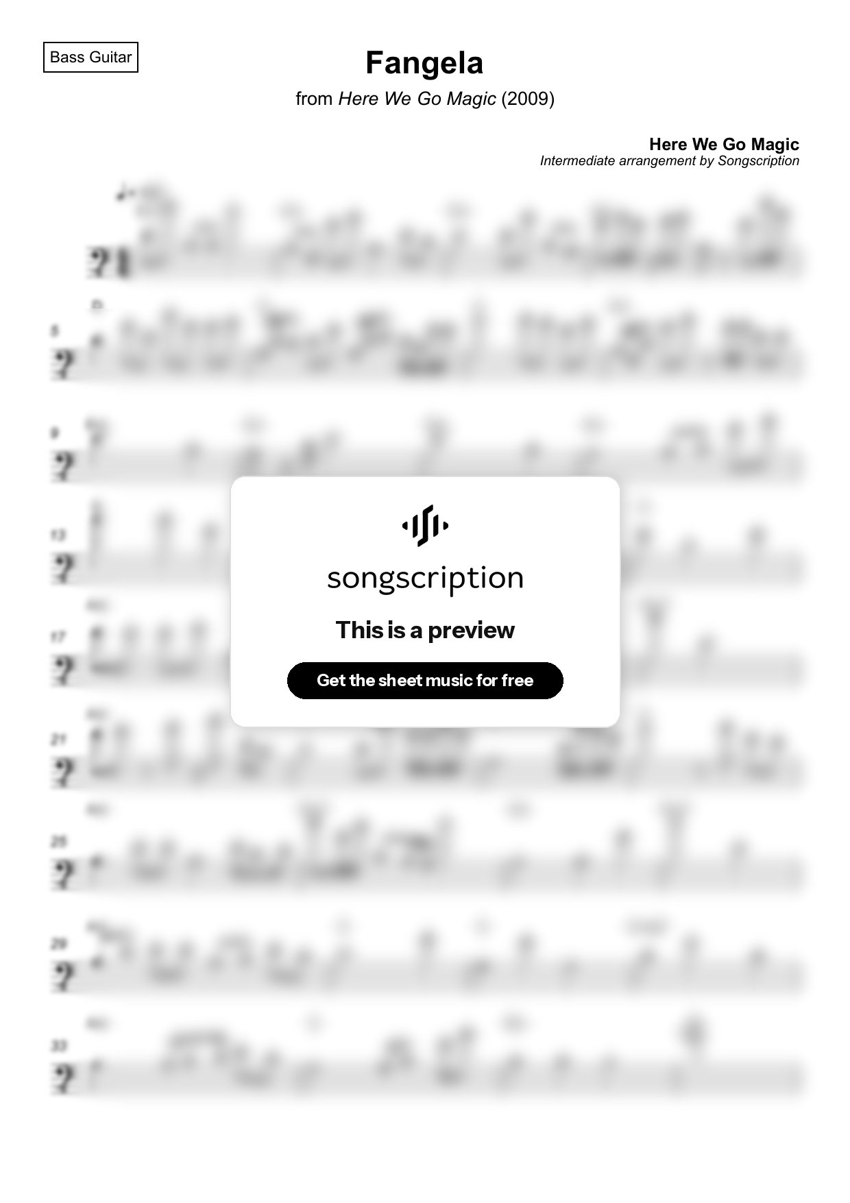 Intermediate Bass Guitar Sheet Music for "Fangela" by Here We Go Magic