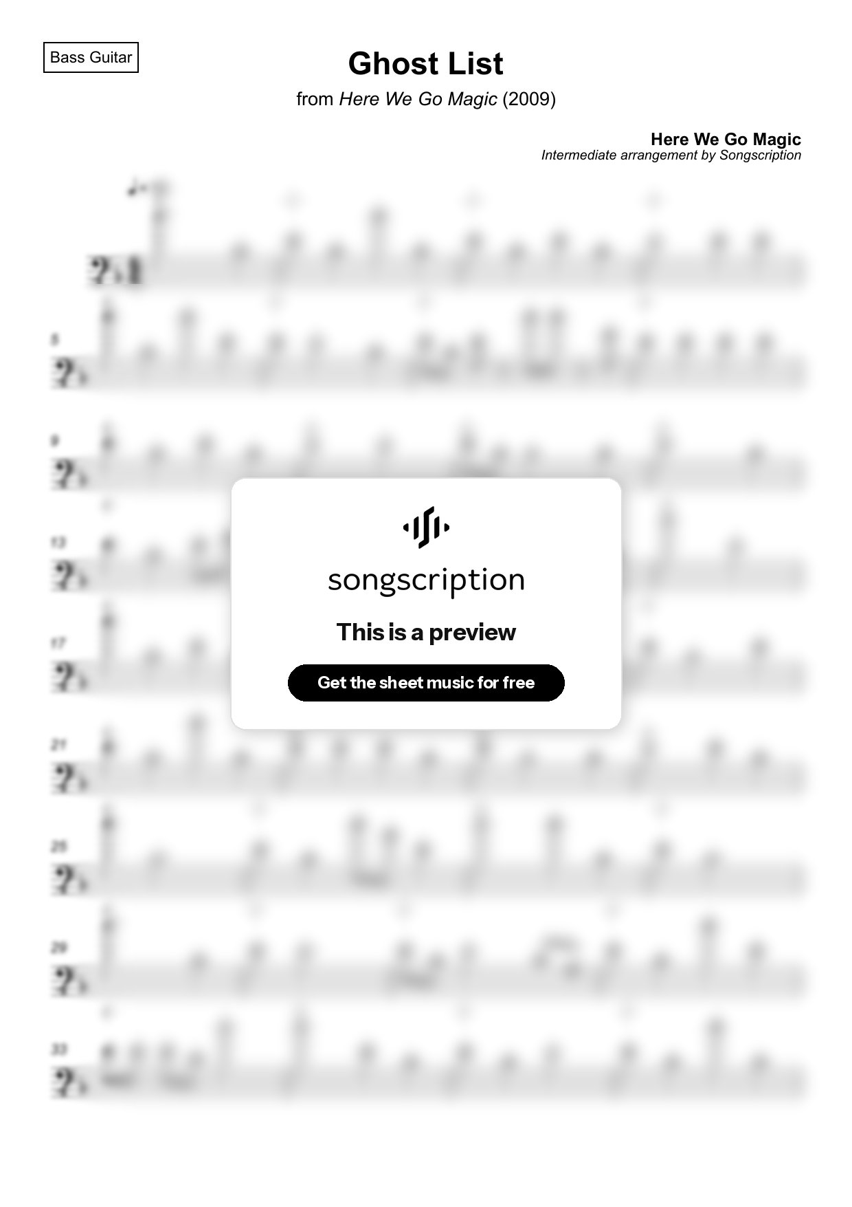 Intermediate Bass Guitar Sheet Music for "Ghost List" by Here We Go Magic
