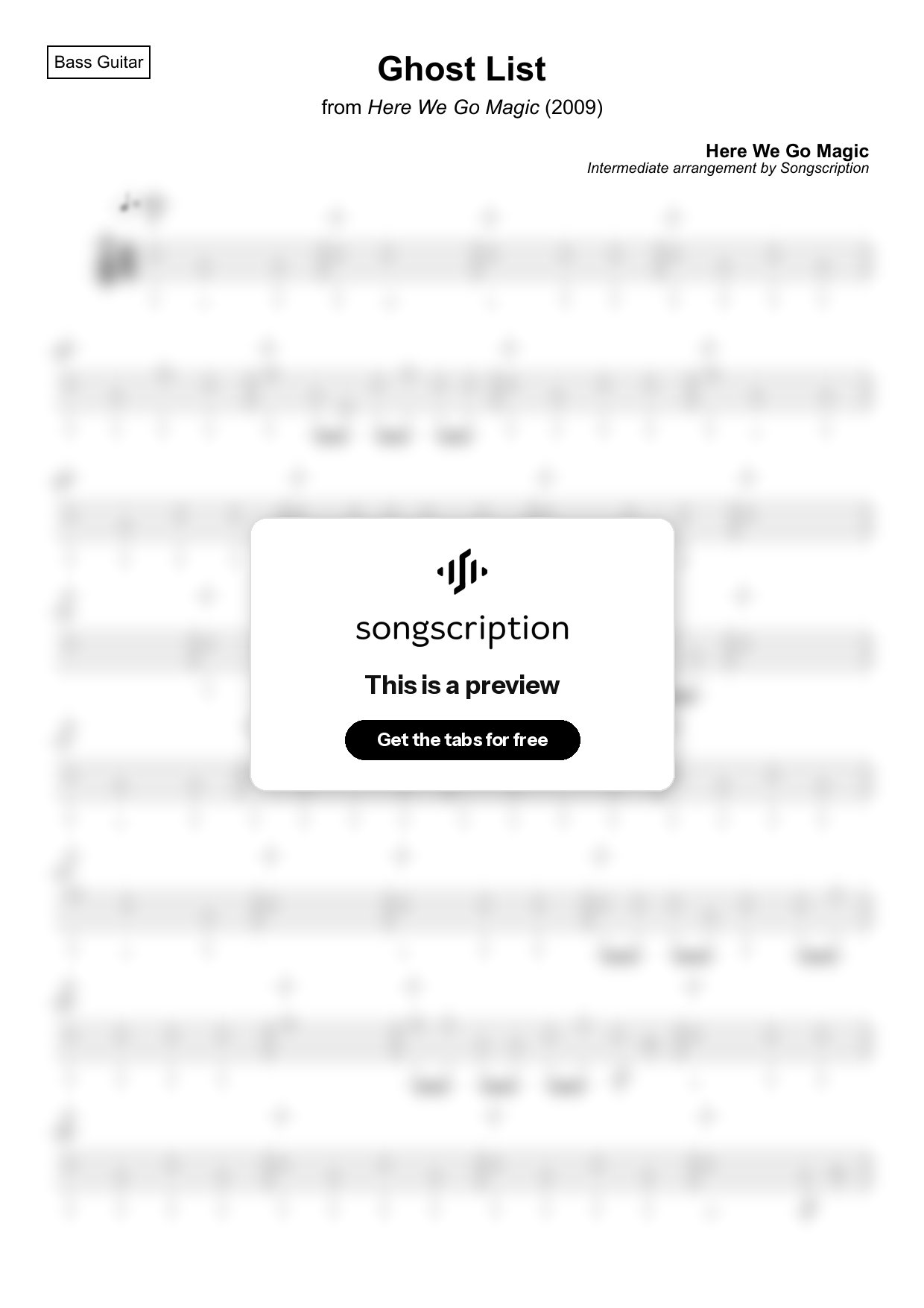 Intermediate Bass Guitar Tabs for "Ghost List" by Here We Go Magic