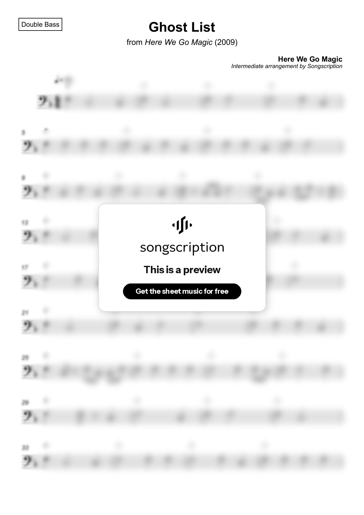 Intermediate Double Bass Sheet Music for "Ghost List" by Here We Go Magic