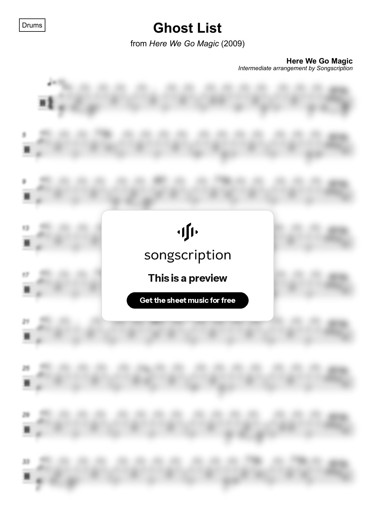 Intermediate Drums Sheet Music for "Ghost List" by Here We Go Magic