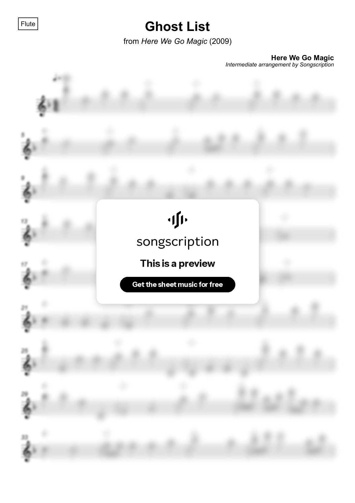 Intermediate Flute Sheet Music for "Ghost List" by Here We Go Magic