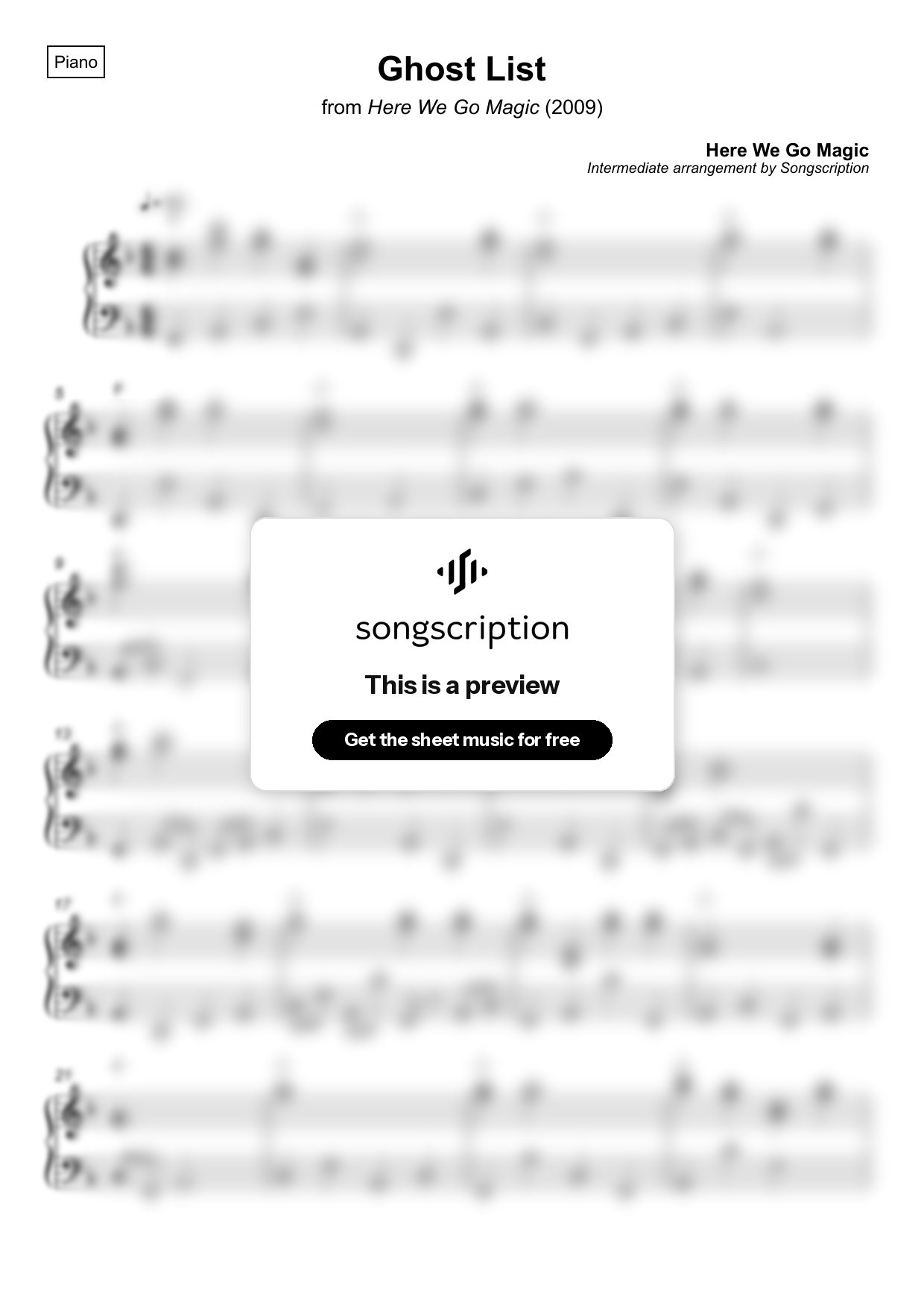 Intermediate Piano Sheet Music for "Ghost List" by Here We Go Magic
