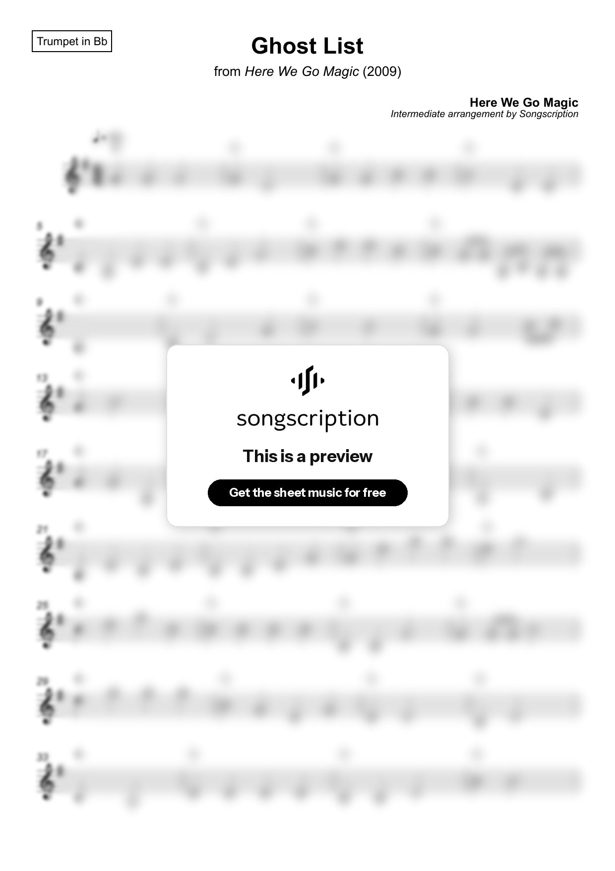 Intermediate Trumpet Sheet Music for "Ghost List" by Here We Go Magic