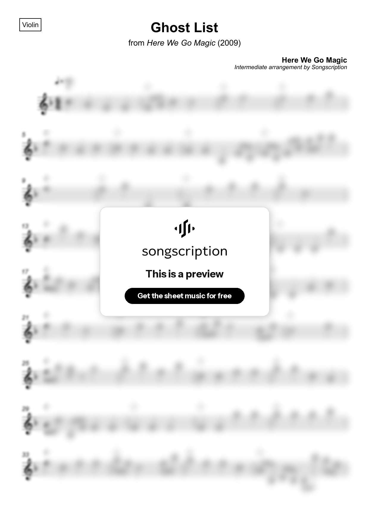 Intermediate Violin Sheet Music for "Ghost List" by Here We Go Magic