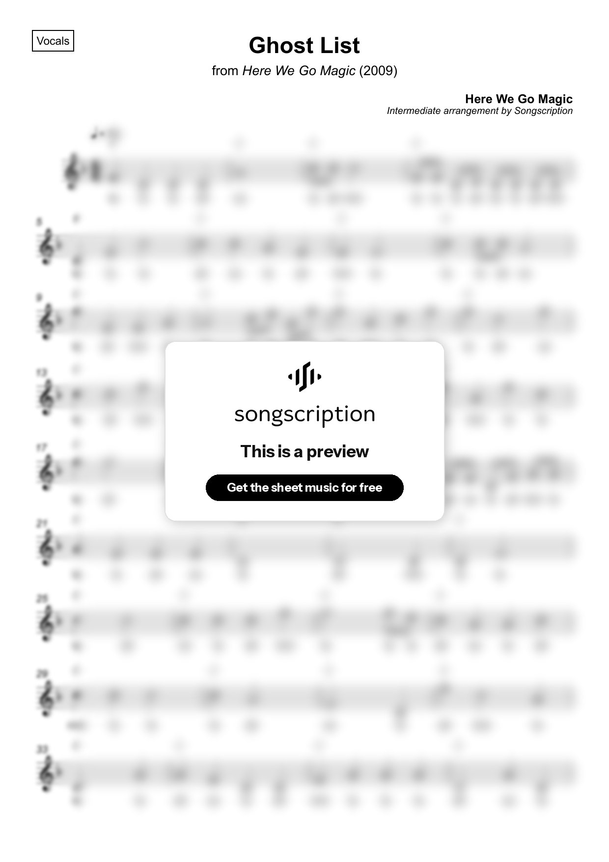 Intermediate Vocals Sheet Music for "Ghost List" by Here We Go Magic