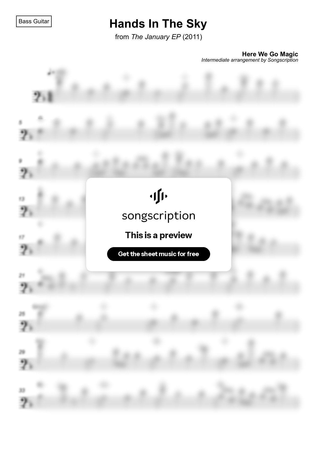 Intermediate Bass Guitar Sheet Music for "Hands In The Sky" by Here We Go Magic