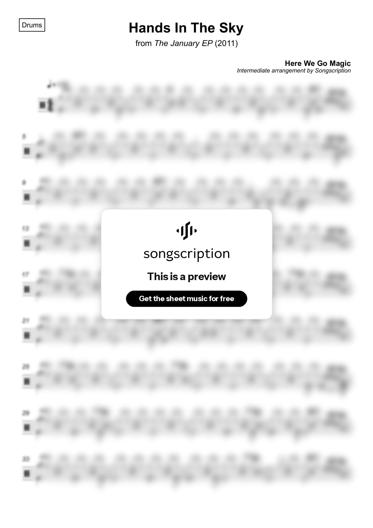Intermediate Drums Sheet Music for "Hands In The Sky" by Here We Go Magic