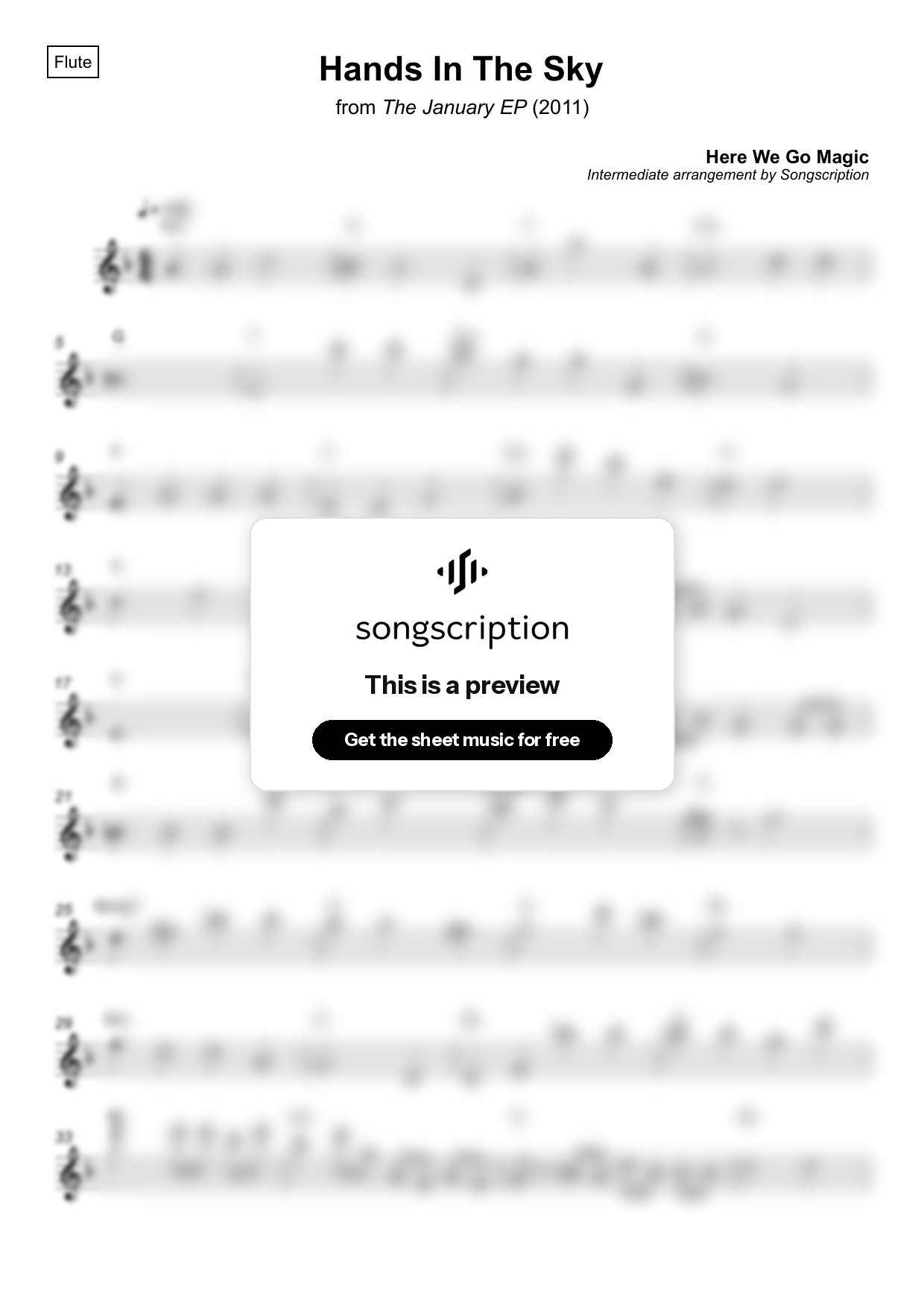 Intermediate Flute Sheet Music for "Hands In The Sky" by Here We Go Magic