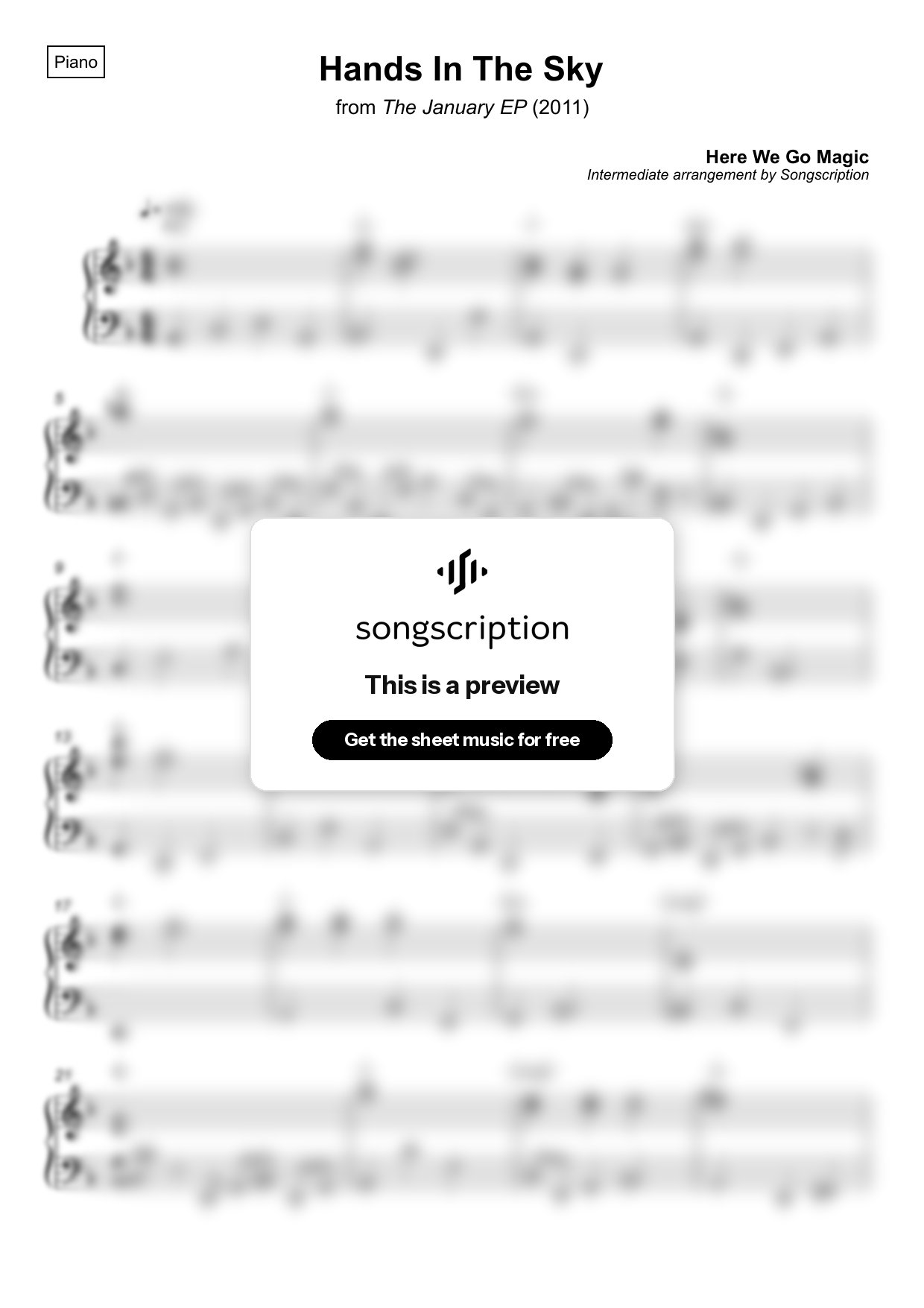 Intermediate Piano Sheet Music for "Hands In The Sky" by Here We Go Magic