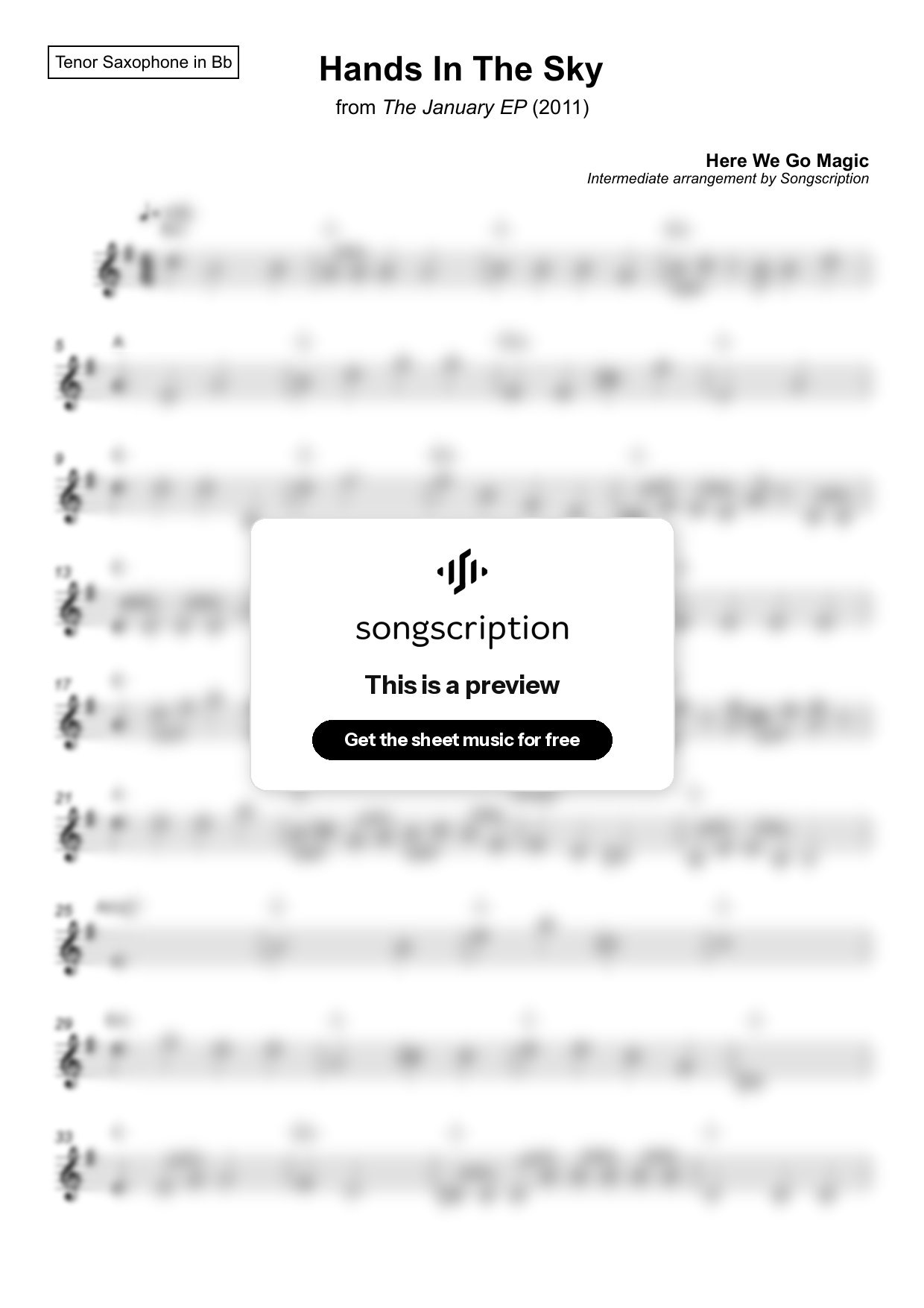 Intermediate Tenor Sax Sheet Music for "Hands In The Sky" by Here We Go Magic