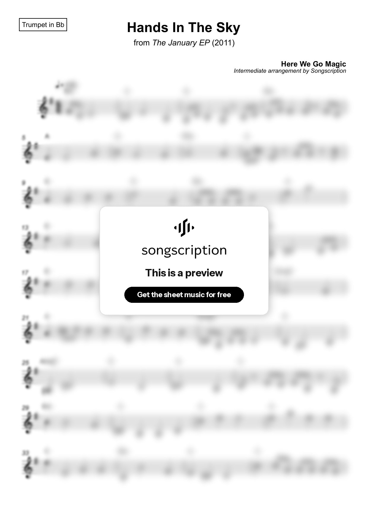 Intermediate Trumpet Sheet Music for "Hands In The Sky" by Here We Go Magic