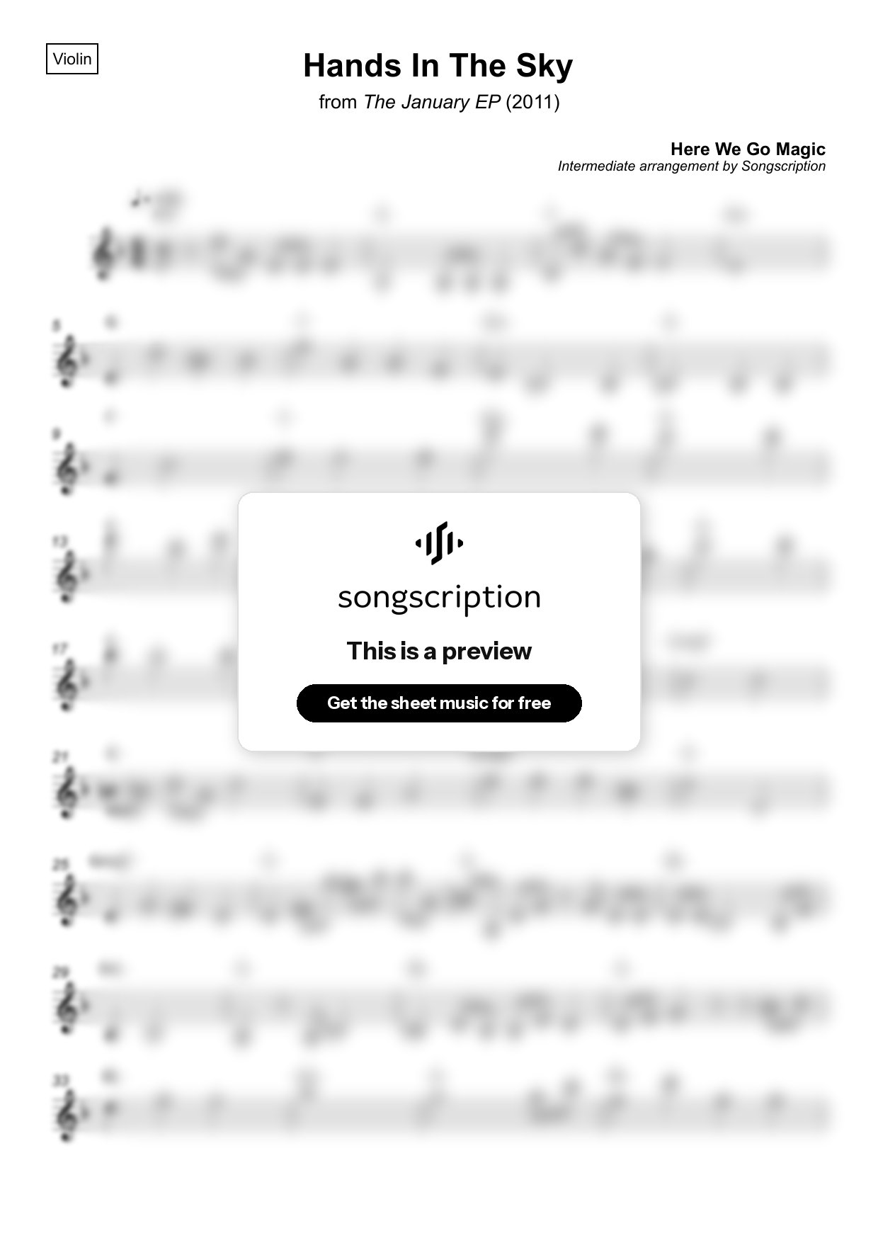 Intermediate Violin Sheet Music for "Hands In The Sky" by Here We Go Magic