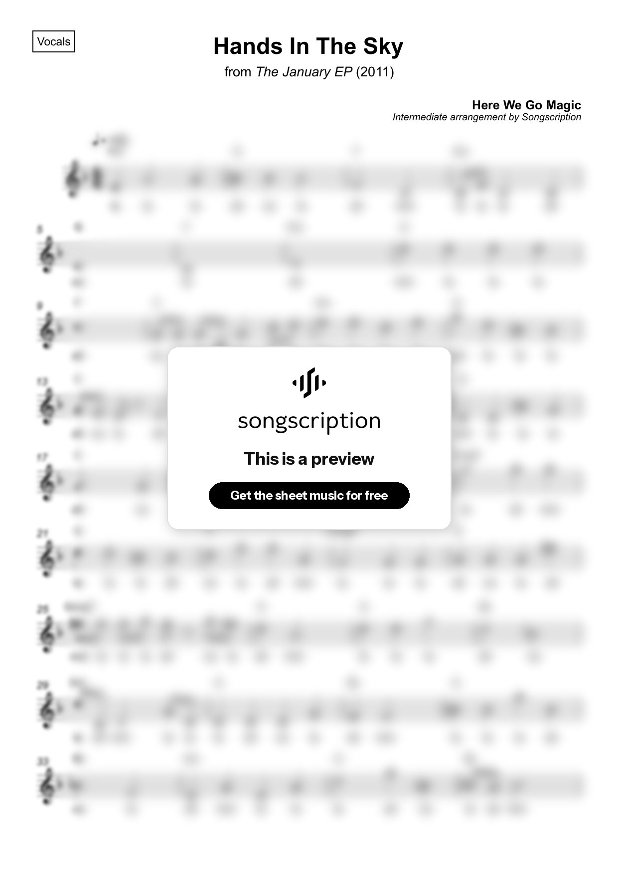 Intermediate Vocals Sheet Music for "Hands In The Sky" by Here We Go Magic
