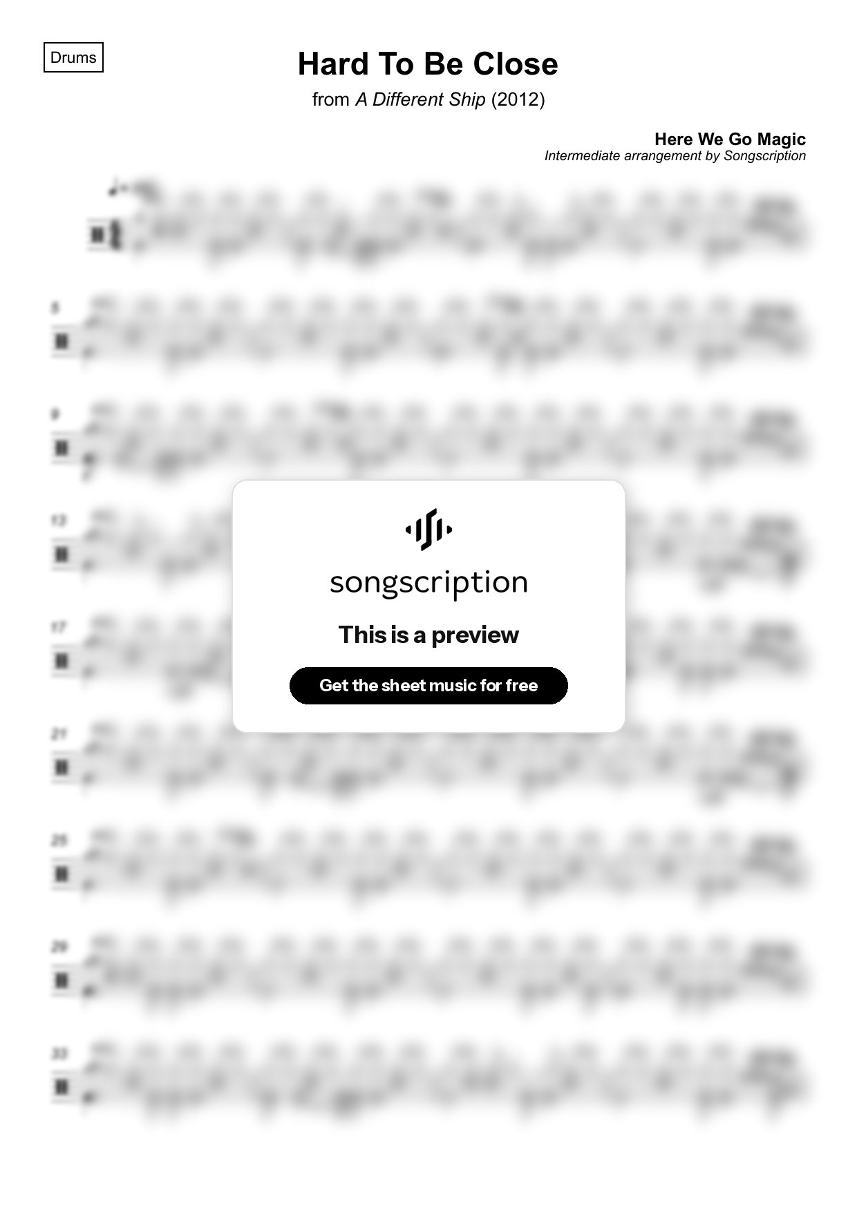 Intermediate Drums Sheet Music for "Hard To Be Close" by Here We Go Magic