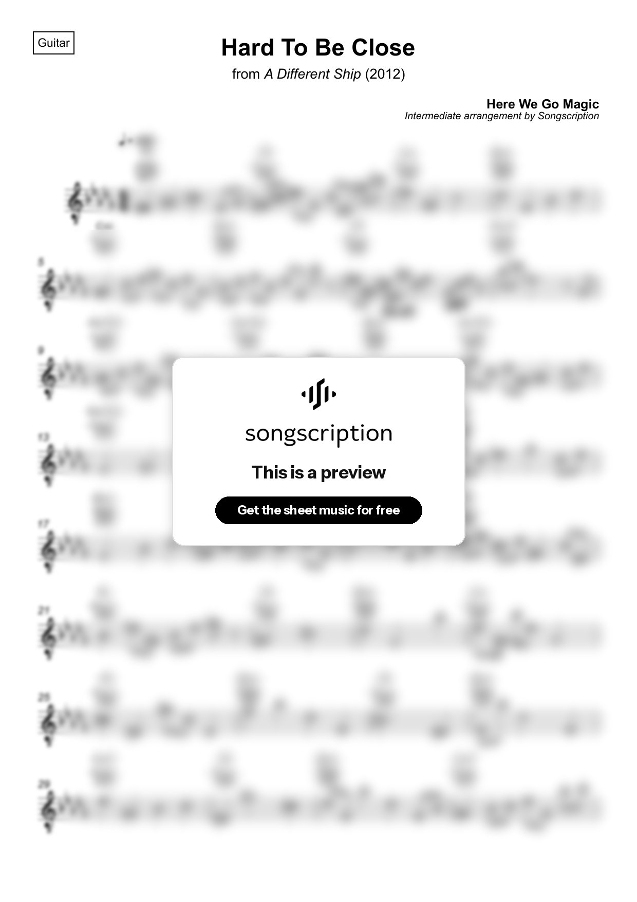 Intermediate Acoustic Guitar Sheet Music for "Hard To Be Close" by Here We Go Magic