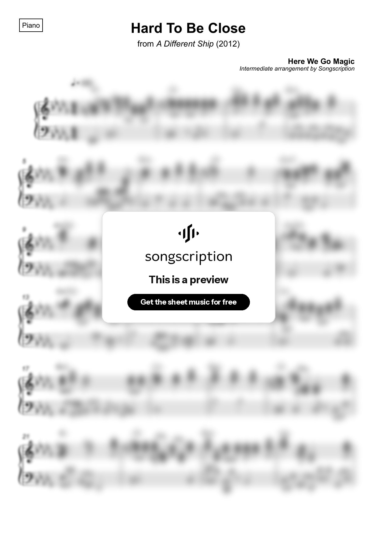 Intermediate Piano Sheet Music for "Hard To Be Close" by Here We Go Magic