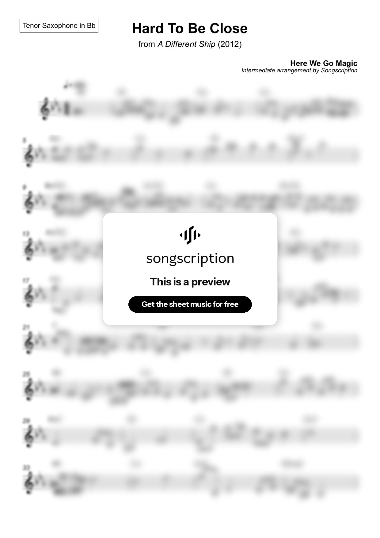 Intermediate Tenor Sax Sheet Music for "Hard To Be Close" by Here We Go Magic