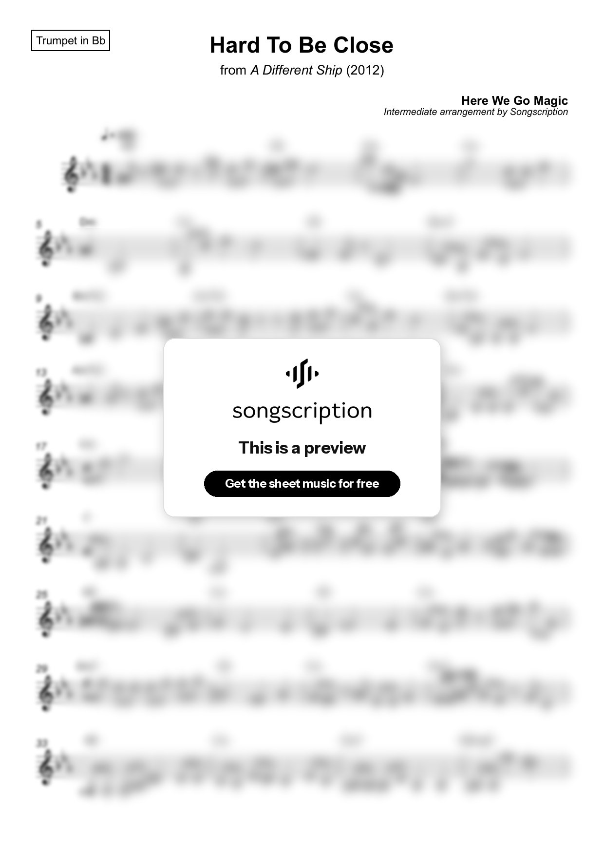 Intermediate Trumpet Sheet Music for "Hard To Be Close" by Here We Go Magic