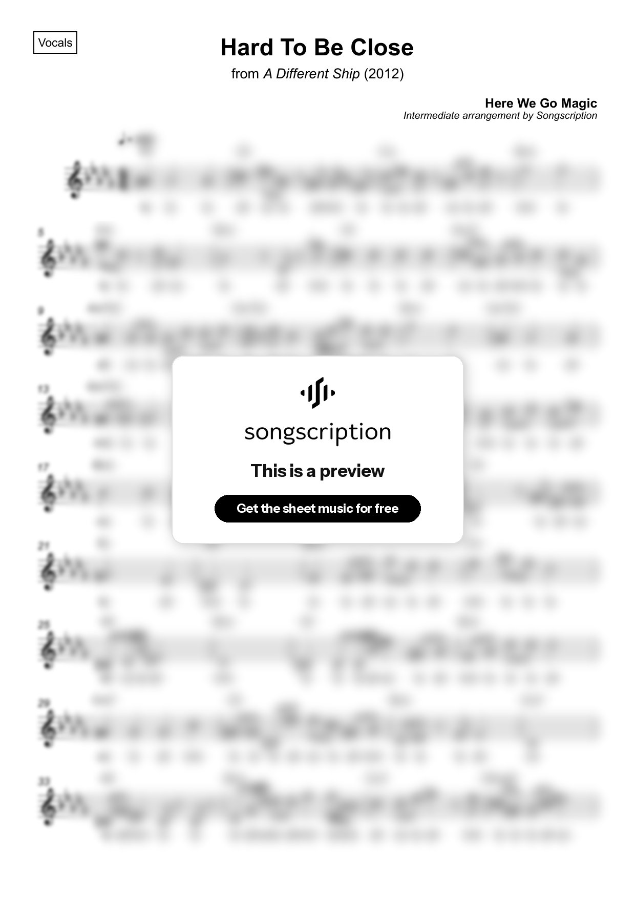 Intermediate Vocals Sheet Music for "Hard To Be Close" by Here We Go Magic