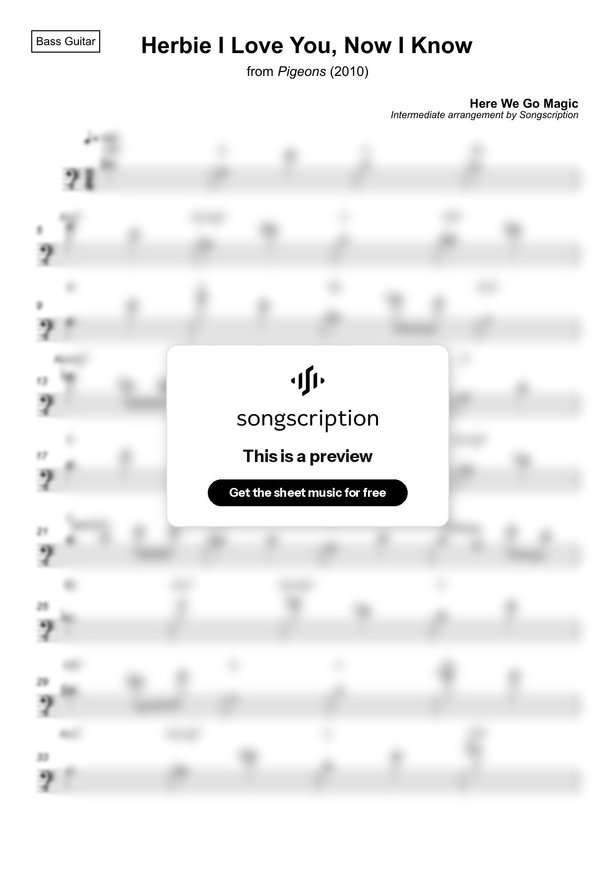 Intermediate Bass Guitar Sheet Music for "Herbie I Love You, Now I Know" by Here We Go Magic