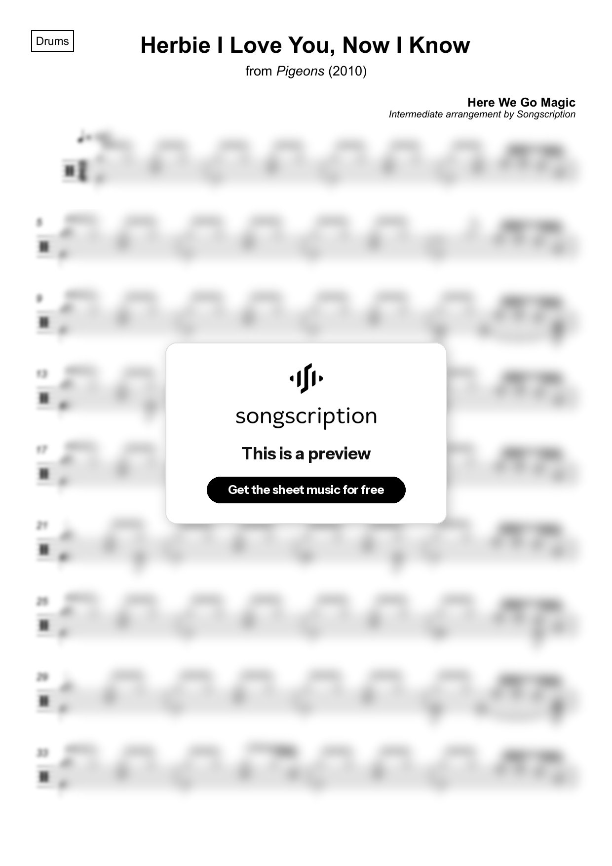 Intermediate Drums Sheet Music for "Herbie I Love You, Now I Know" by Here We Go Magic