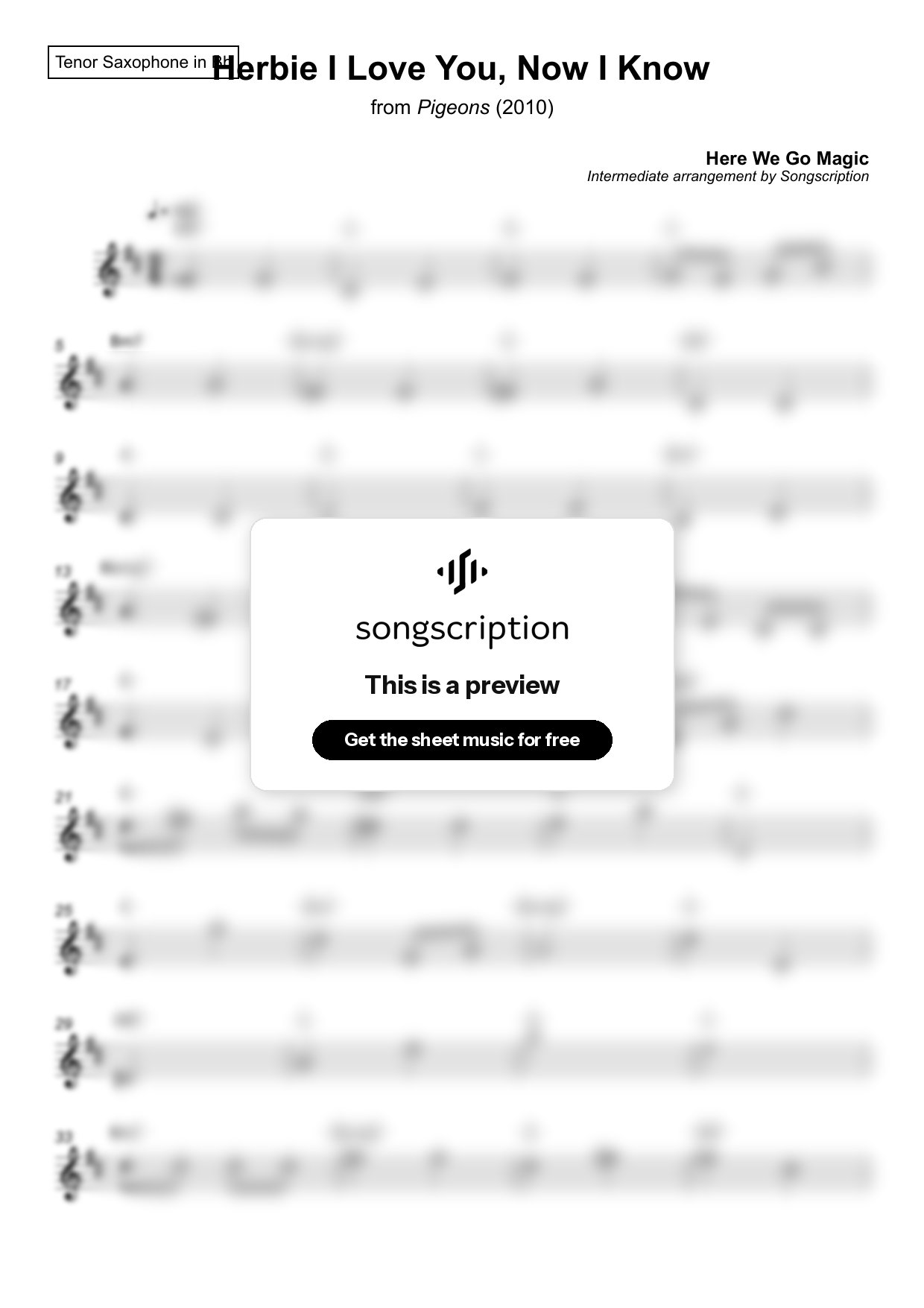 Intermediate Tenor Sax Sheet Music for "Herbie I Love You, Now I Know" by Here We Go Magic