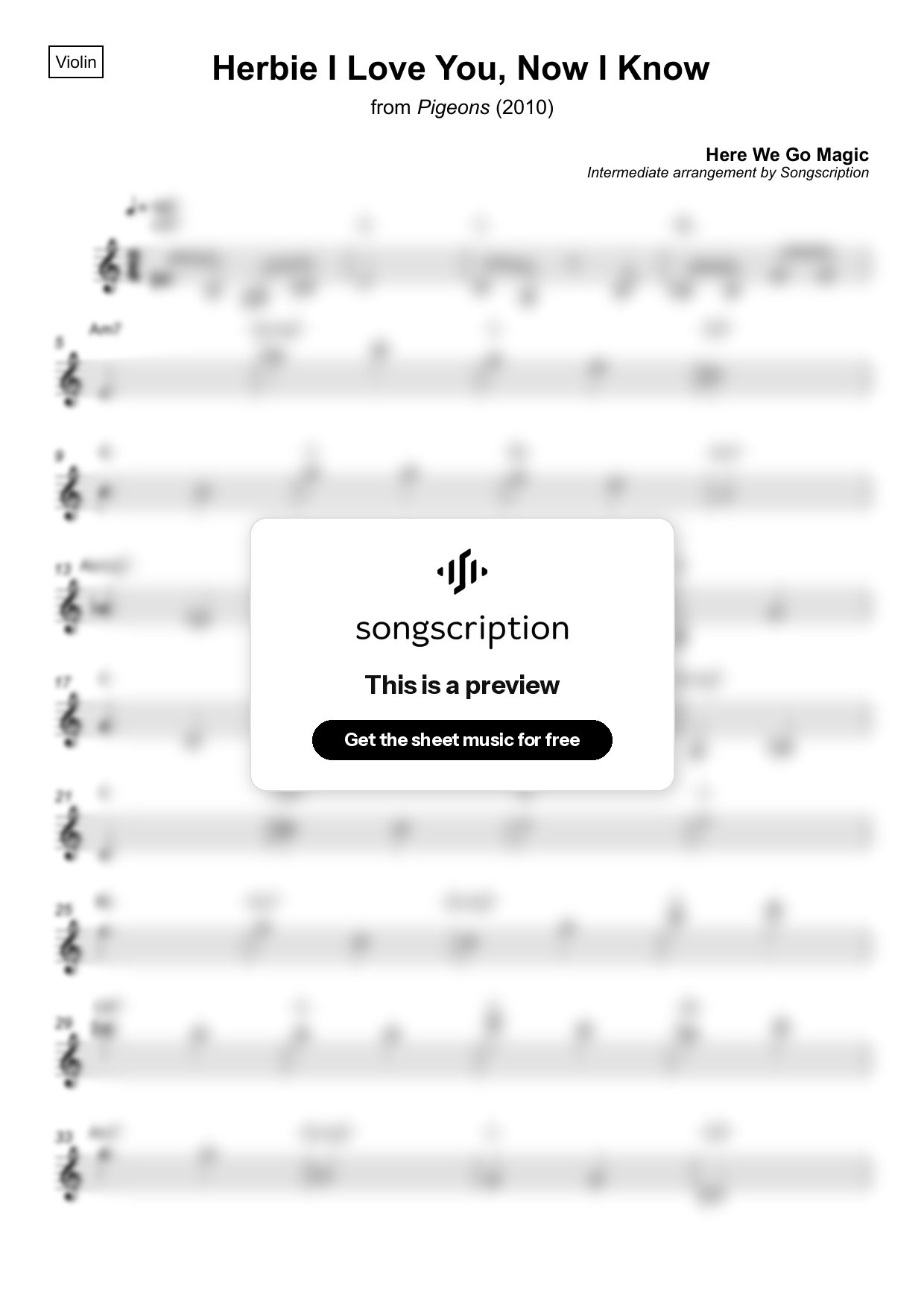 Intermediate Violin Sheet Music for "Herbie I Love You, Now I Know" by Here We Go Magic