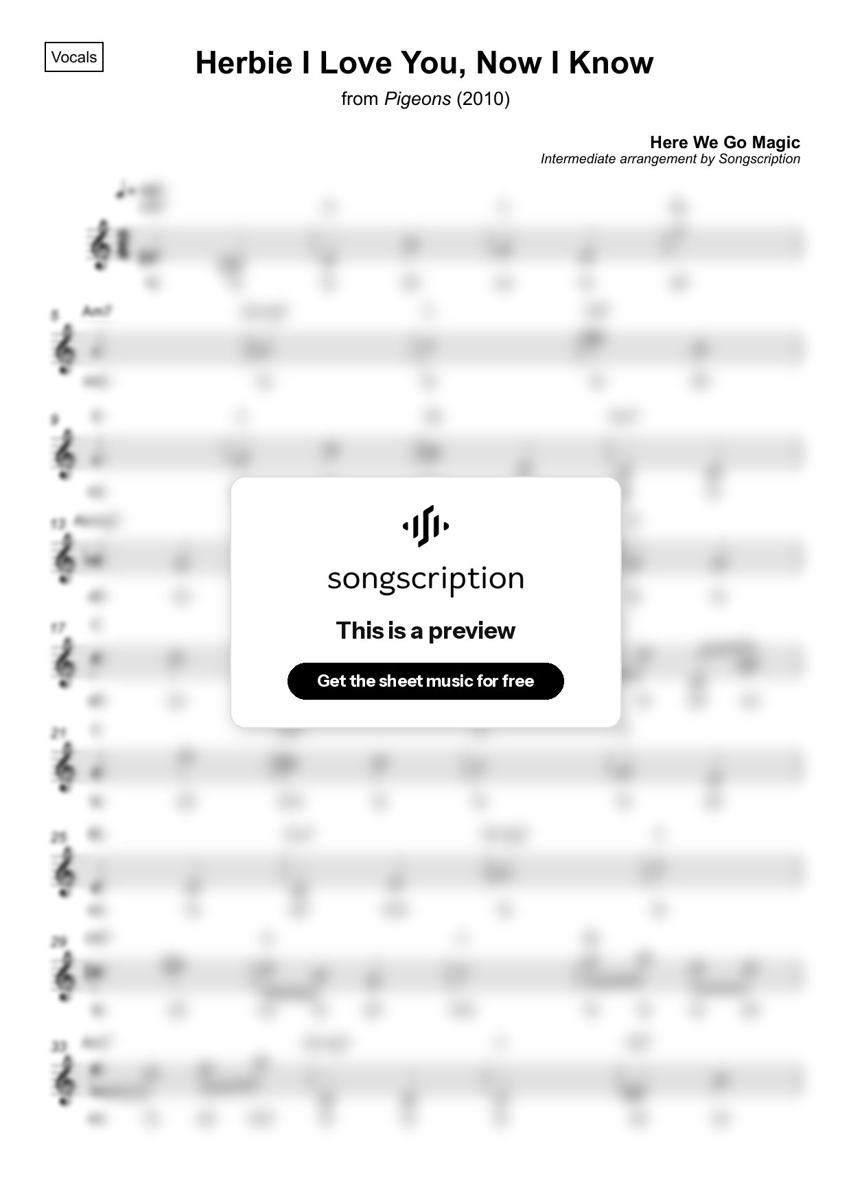 Intermediate Vocals Sheet Music for "Herbie I Love You, Now I Know" by Here We Go Magic