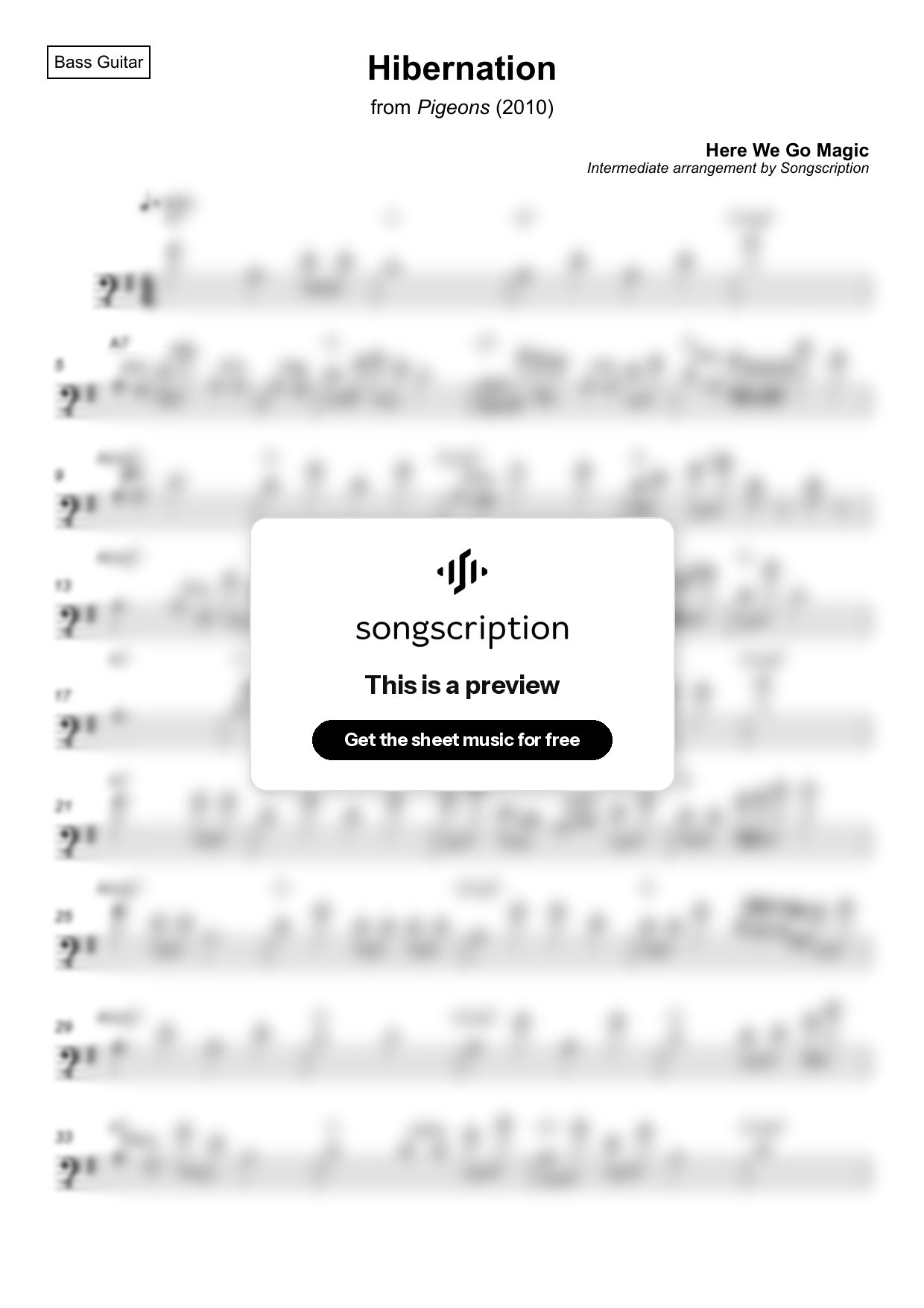Intermediate Bass Guitar Sheet Music for "Hibernation" by Here We Go Magic