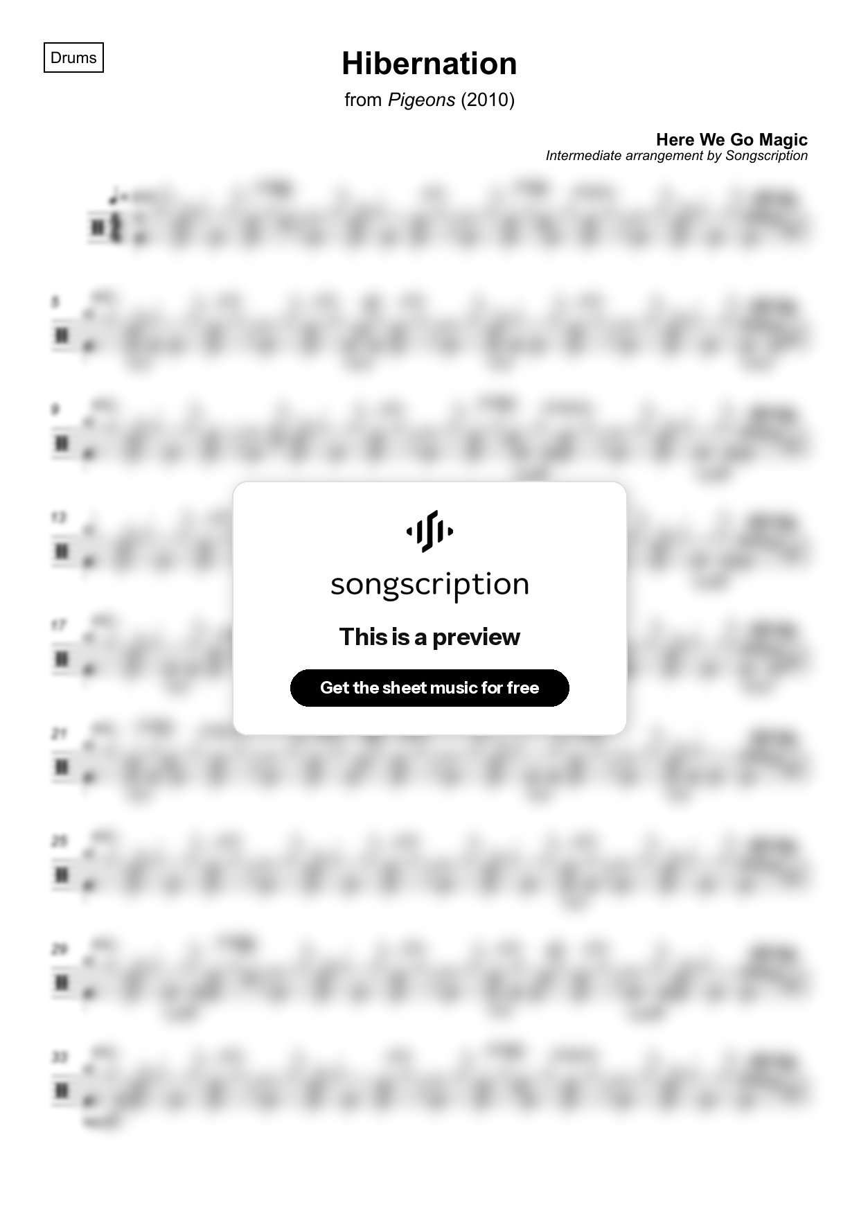 Intermediate Drums Sheet Music for "Hibernation" by Here We Go Magic