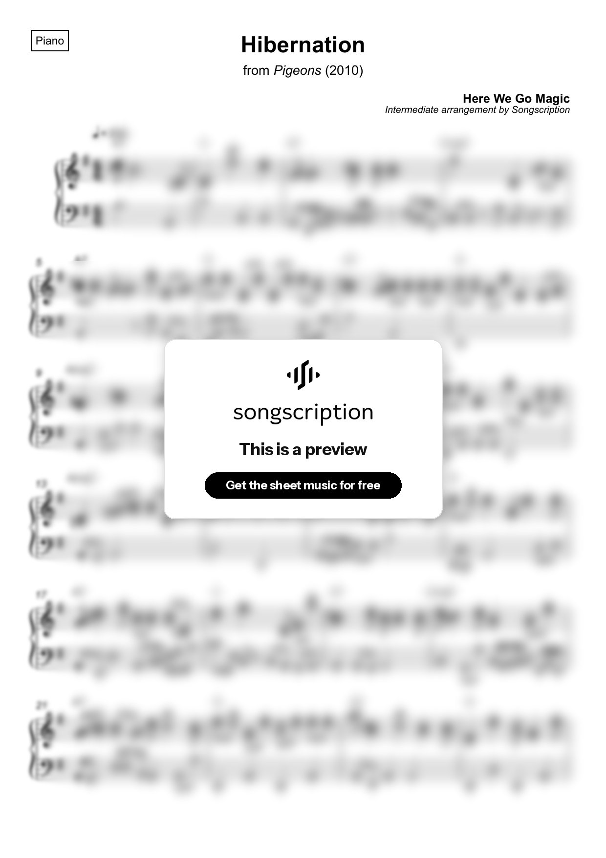 Intermediate Piano Sheet Music for "Hibernation" by Here We Go Magic