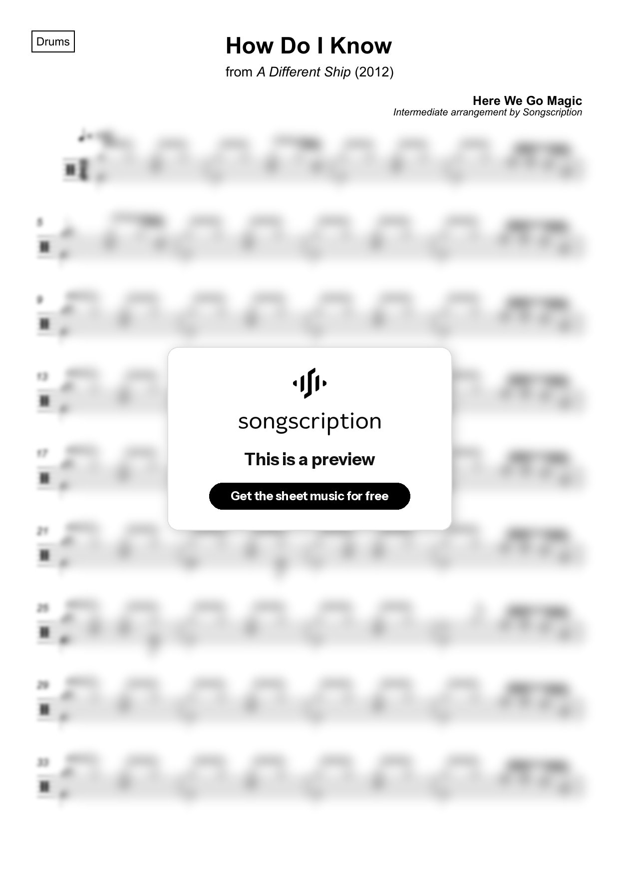 Intermediate Drums Sheet Music for "How Do I Know" by Here We Go Magic
