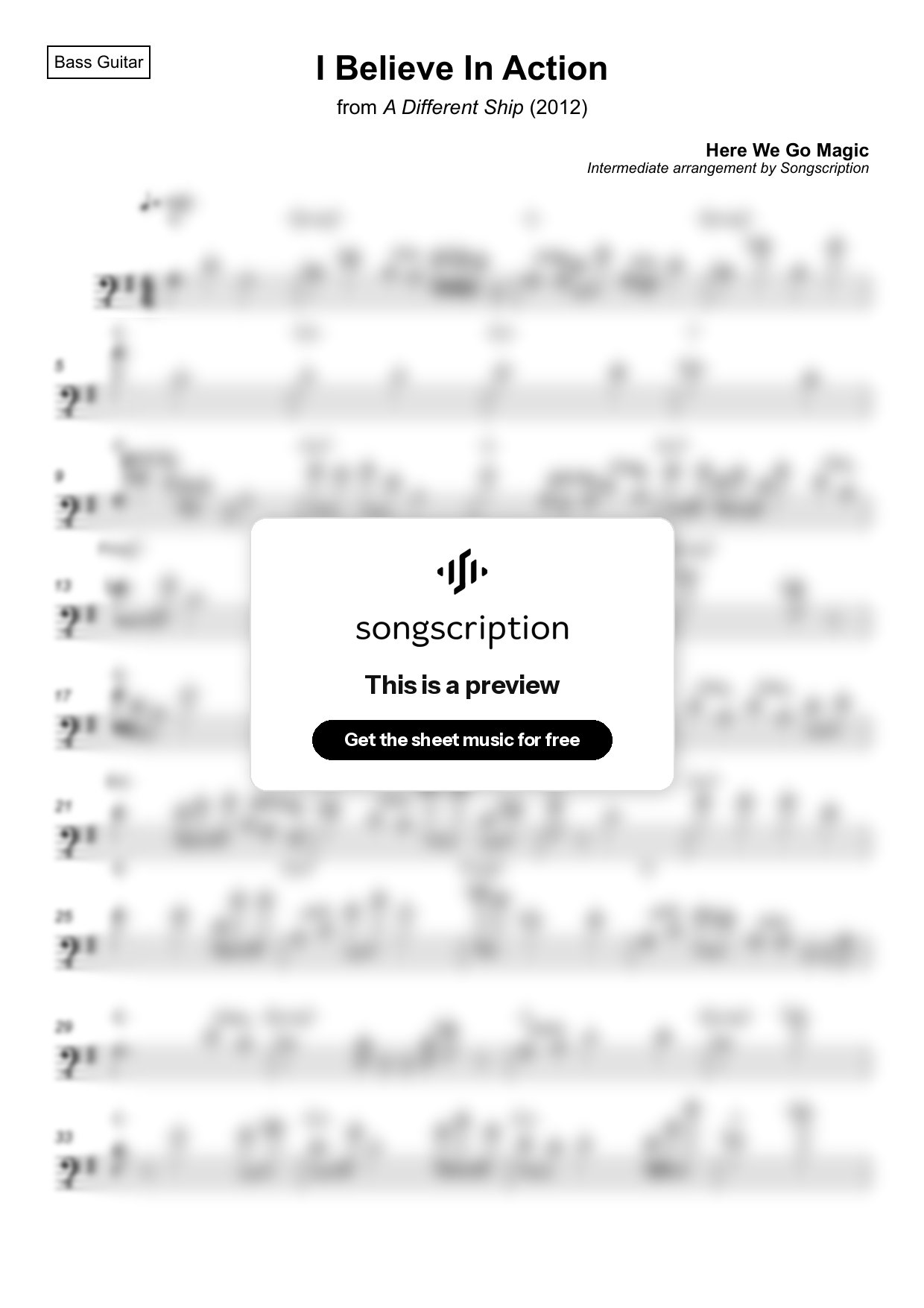 Intermediate Bass Guitar Sheet Music for "I Believe In Action" by Here We Go Magic